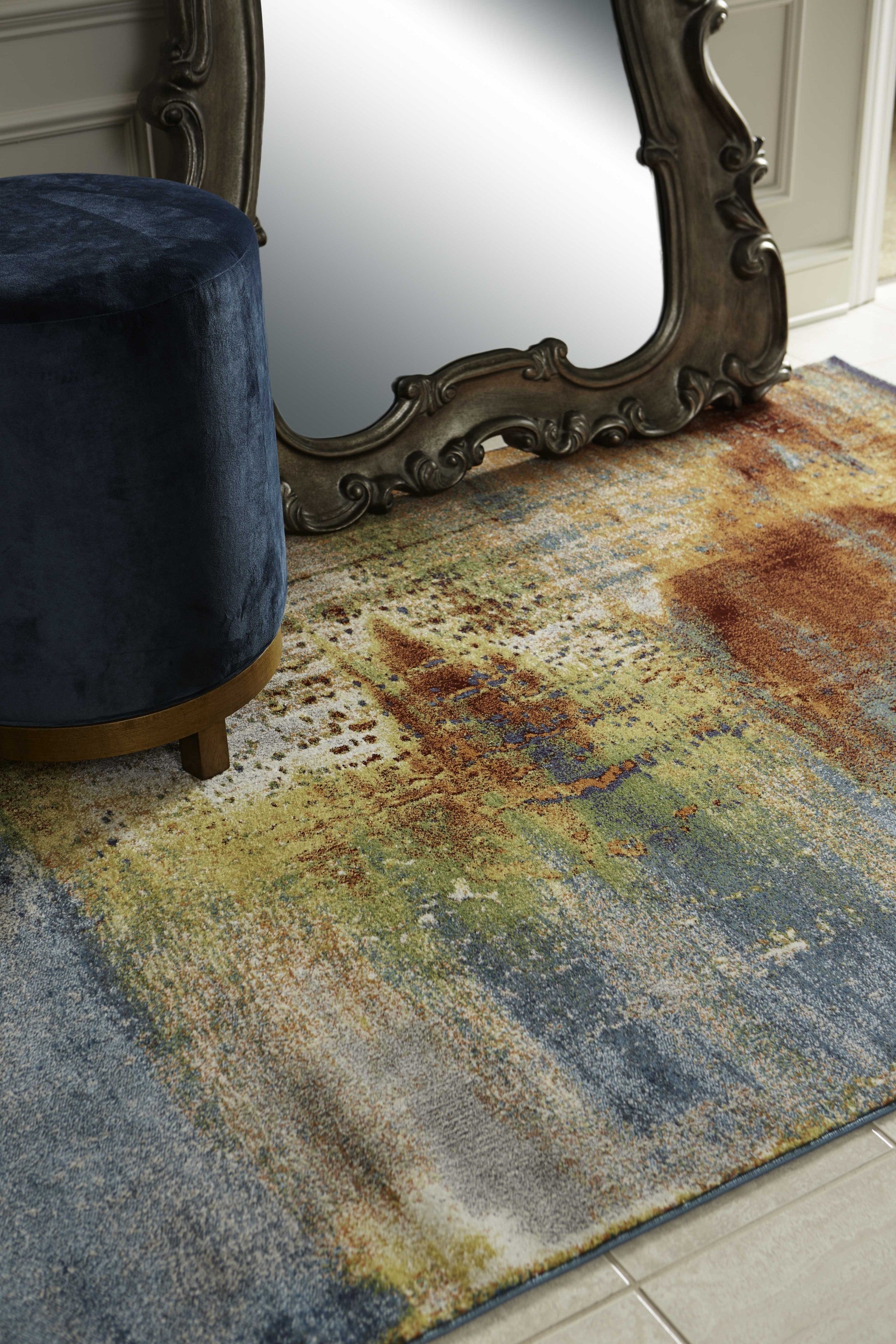 8' X 11' Blue Rust And Orange Abstract Area Rug-Area Rugs-DECOROLALA