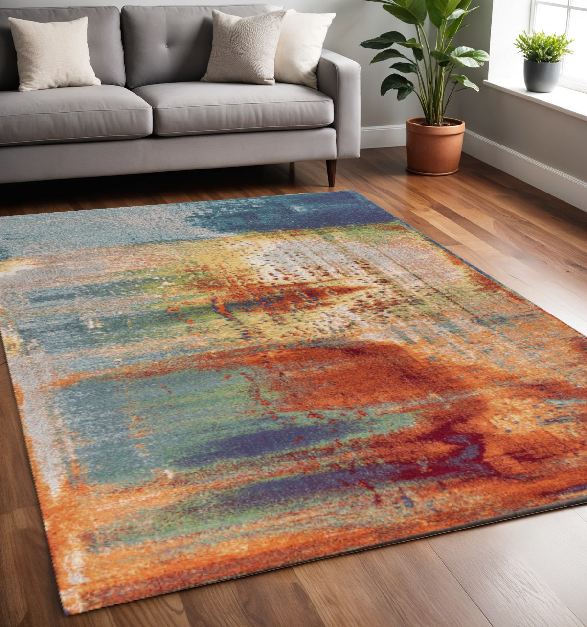 8' X 11' Blue Rust And Orange Abstract Area Rug-Area Rugs-DECOROLALA