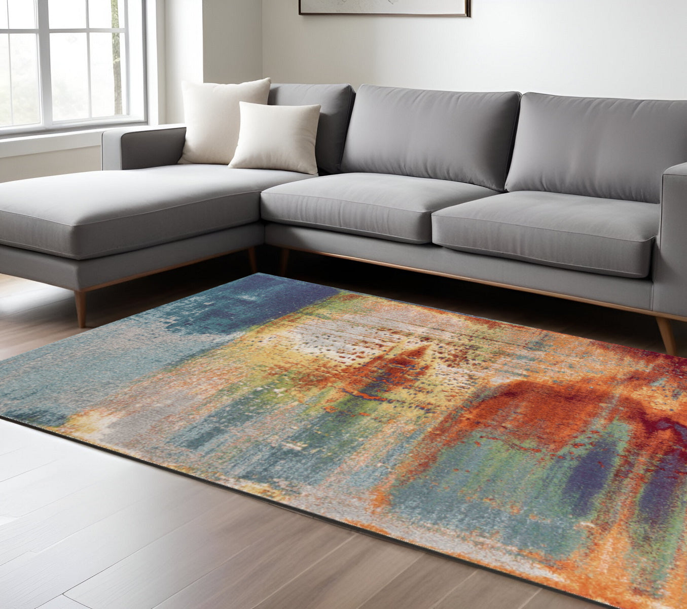 8' X 11' Blue Rust And Orange Abstract Area Rug-Area Rugs-DECOROLALA