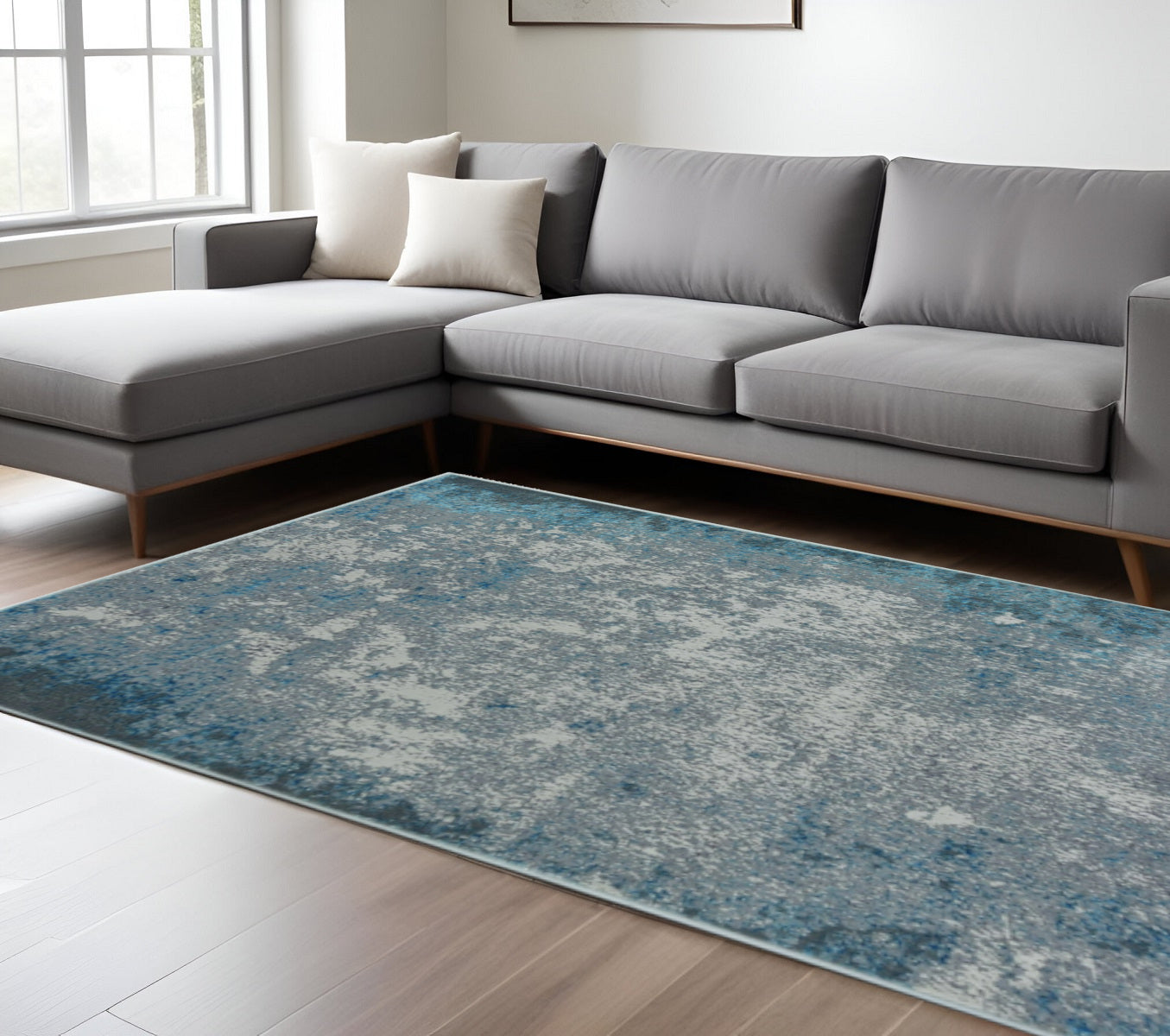 8' X 11' Blue and Silver Abstract Area Rug-Area Rugs-DECOROLALA