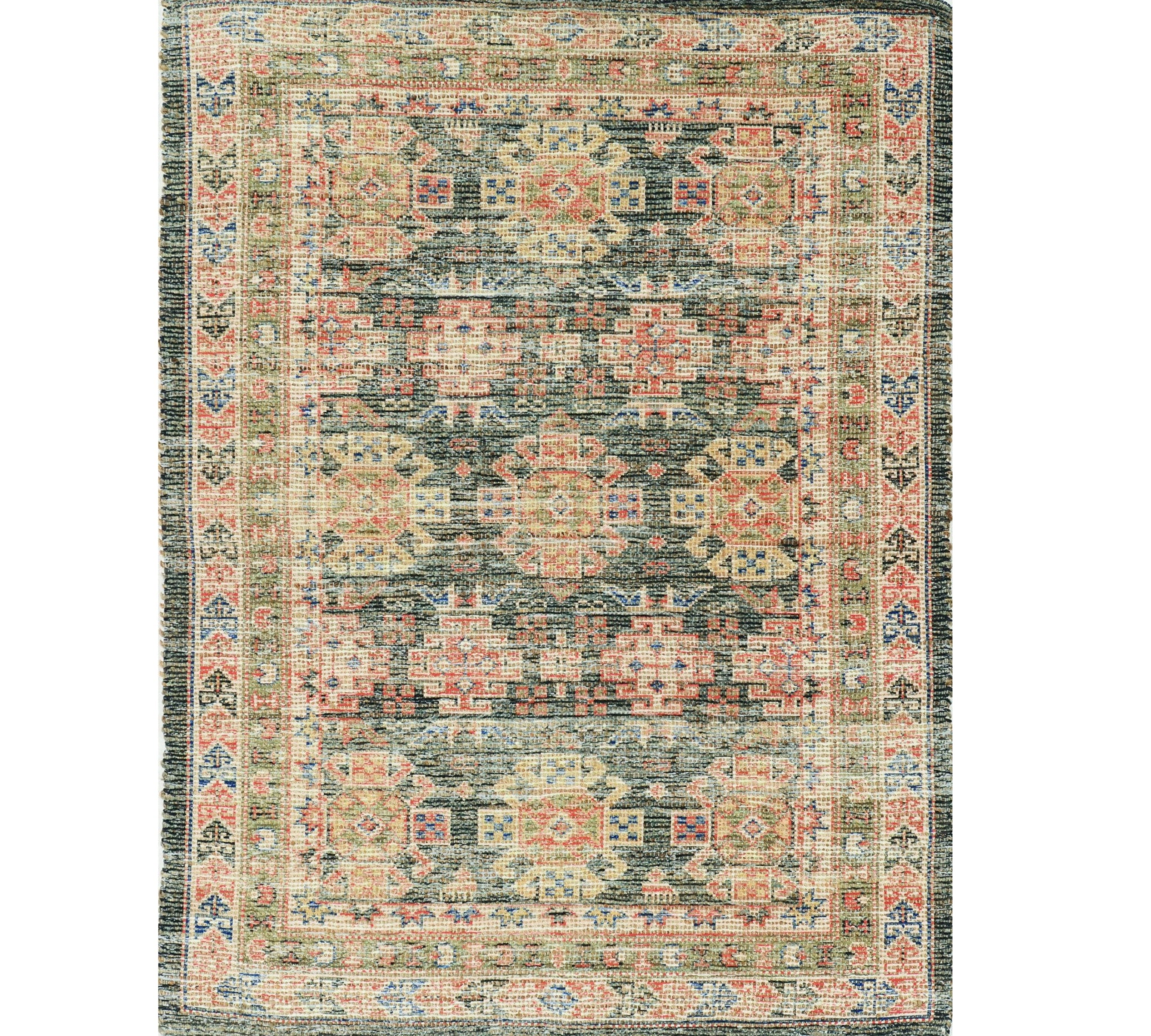 8' X 11' Brick Red Green And Brown Jute Southwestern Handmade Distressed Area Rug-Area Rugs-DECOROLALA