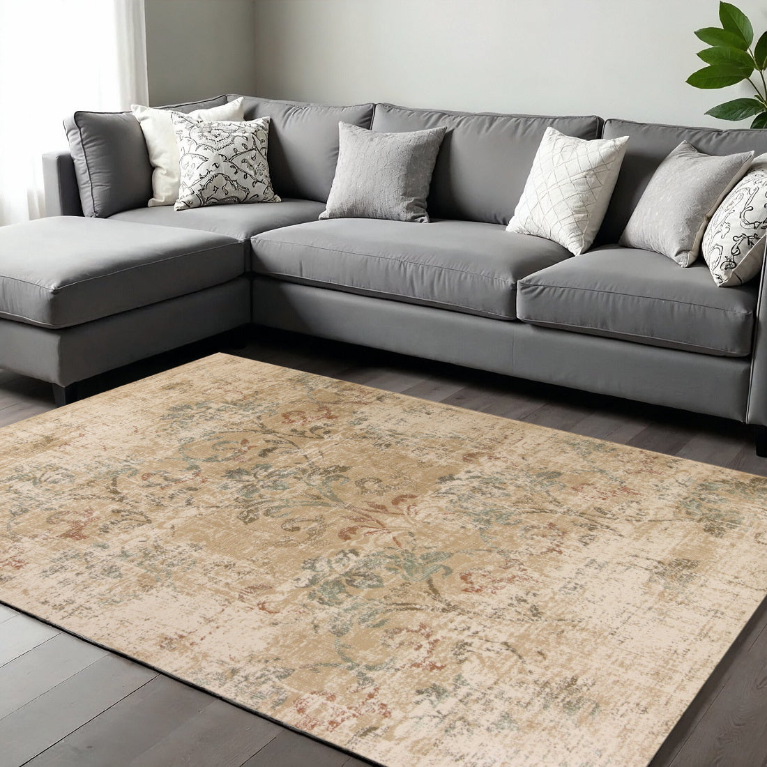 8' X 11' Champagne And Beige Damask Area Rug-Area Rugs-DECOROLALA