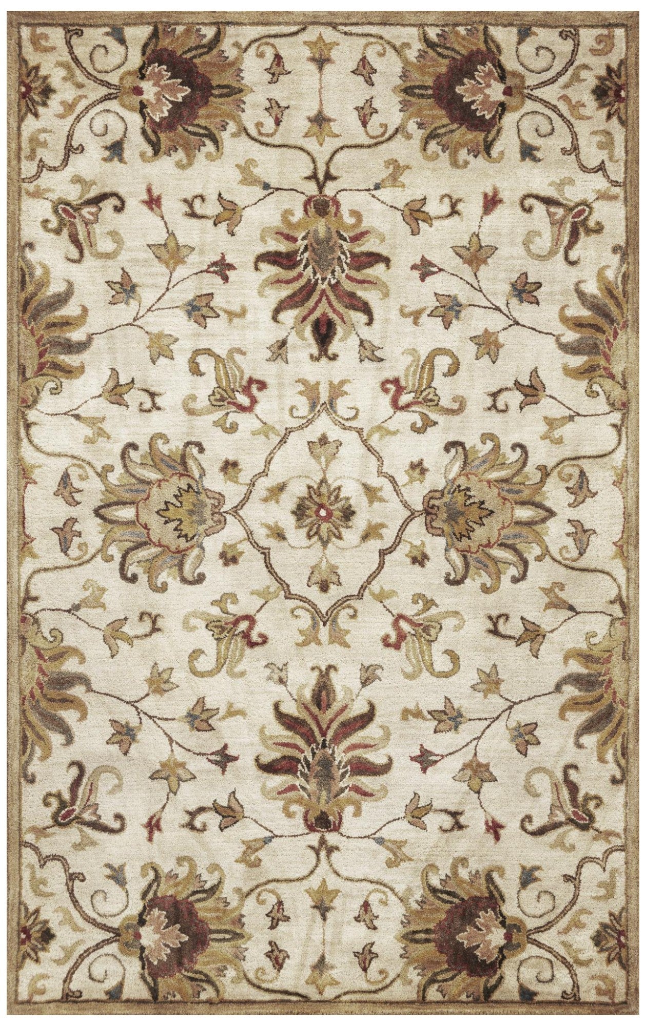 8' X 11' Champagne Red And Brown Wool Floral Medallion Hand Tufted Area Rug-Area Rugs-DECOROLALA