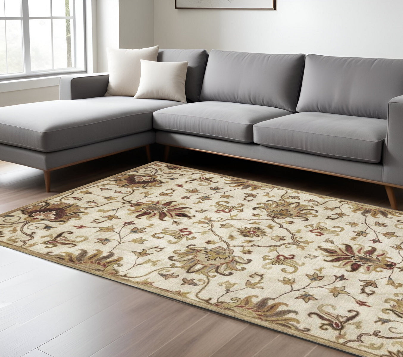 8' X 11' Champagne Red And Brown Wool Floral Medallion Hand Tufted Area Rug-Area Rugs-DECOROLALA