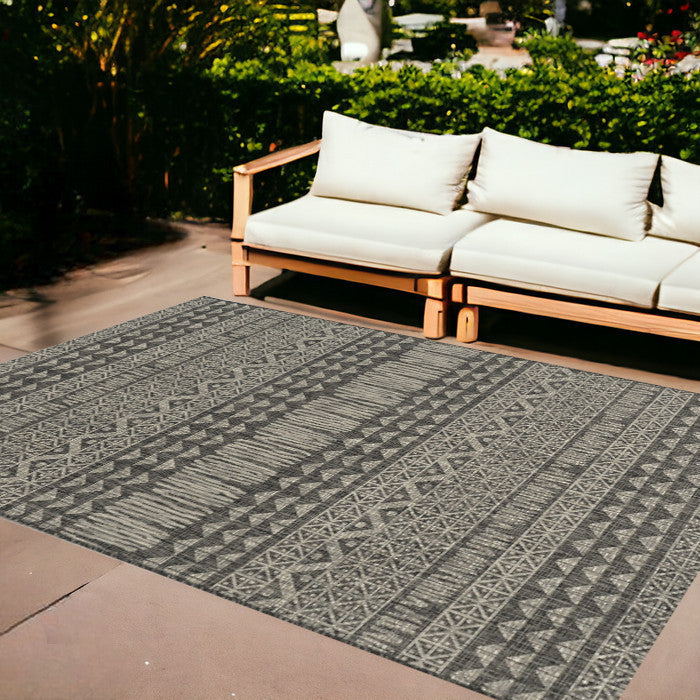 8' X 11' Charcoal Southwestern Indoor Outdoor Area Rug-Outdoor Rugs-DECOROLALA