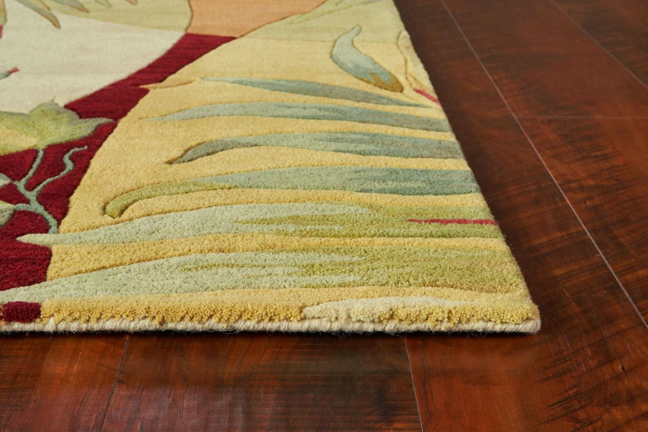 8' X 11' Coral Green And Ivory Wool Tropical Botanical Hand Tufted Area Rug-Area Rugs-DECOROLALA
