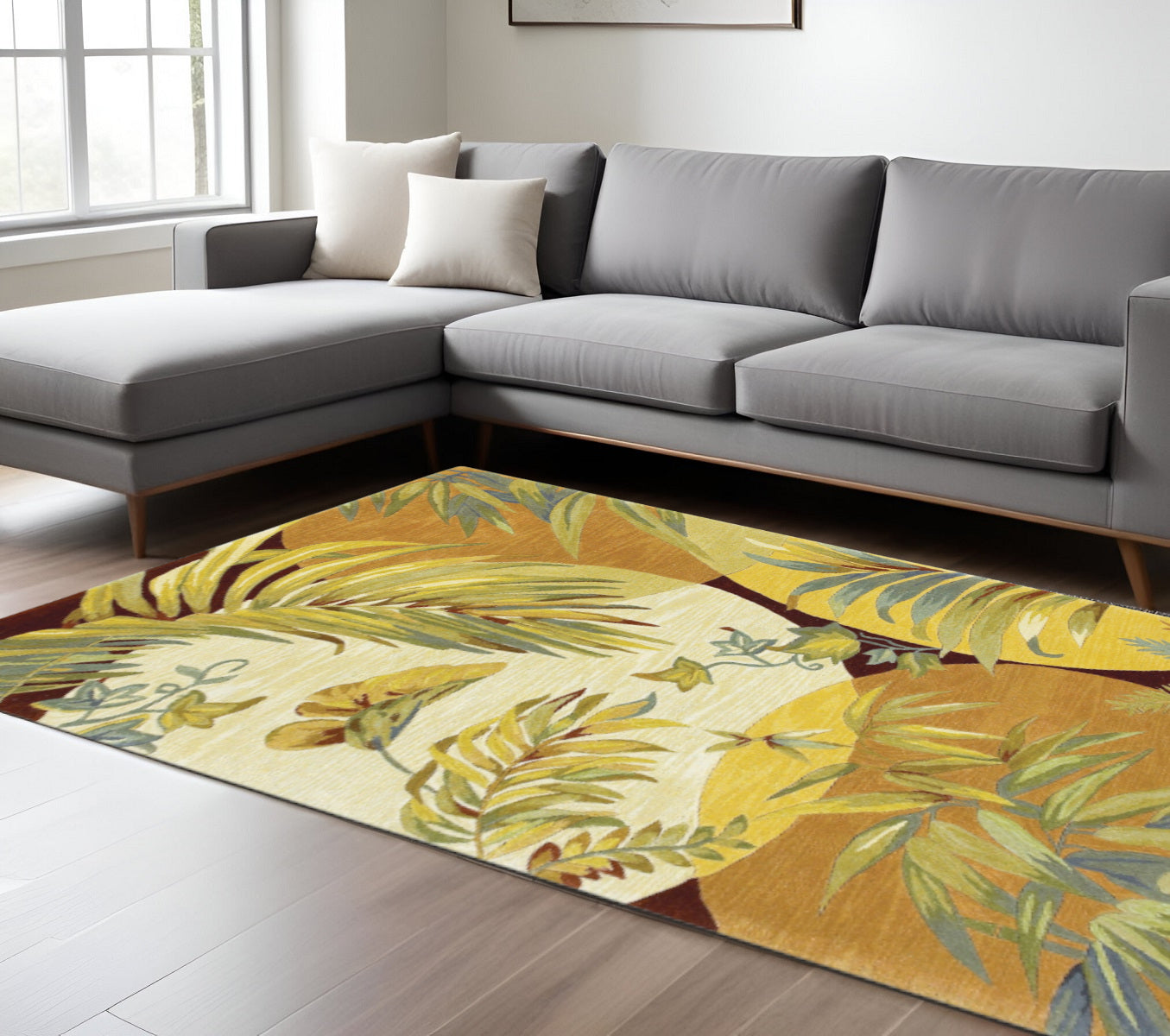 8' X 11' Coral Green And Ivory Wool Tropical Botanical Hand Tufted Area Rug-Area Rugs-DECOROLALA