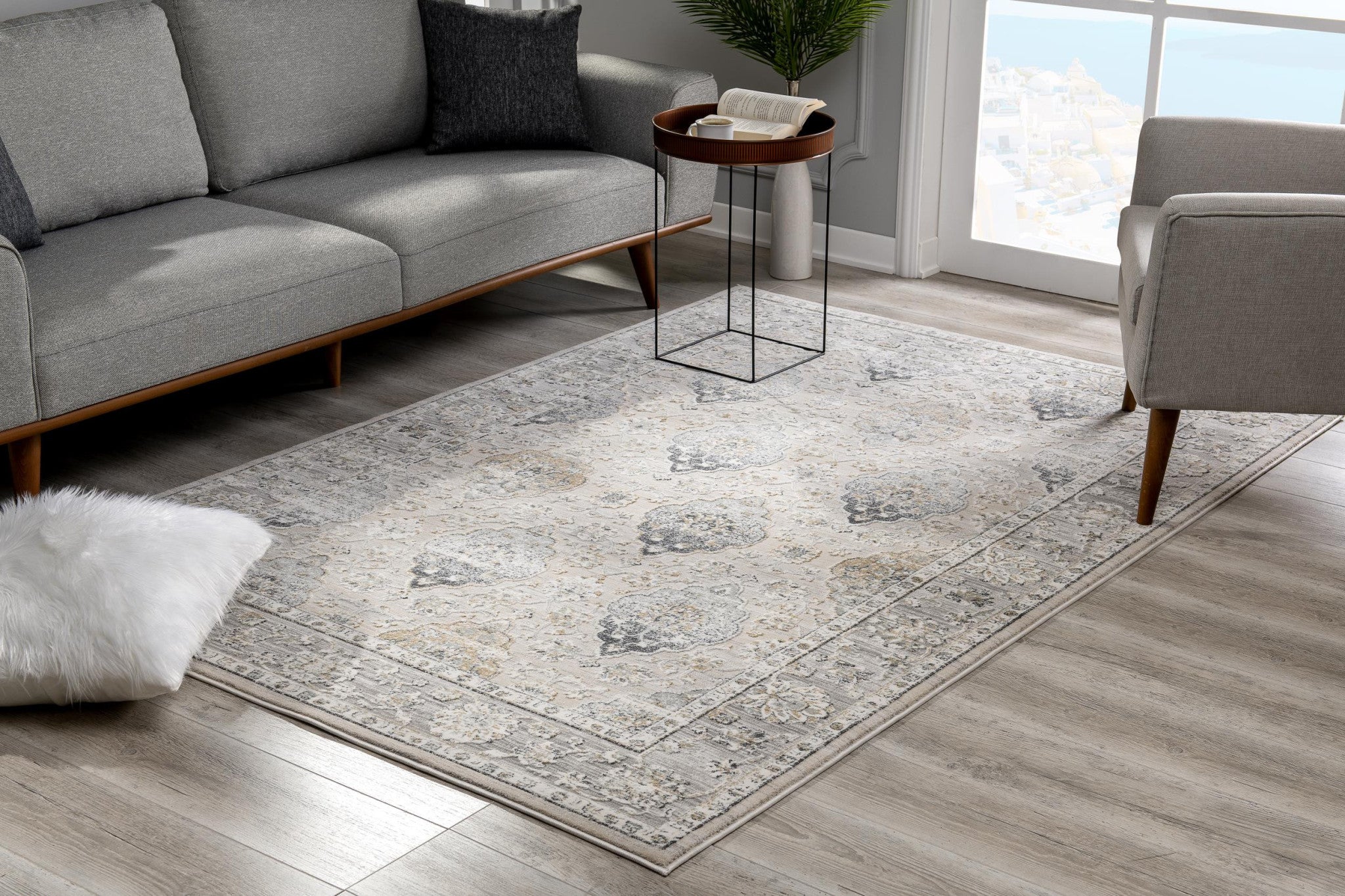 8' X 11' Cream Grey Oriental Area Rug-Area Rugs-DECOROLALA