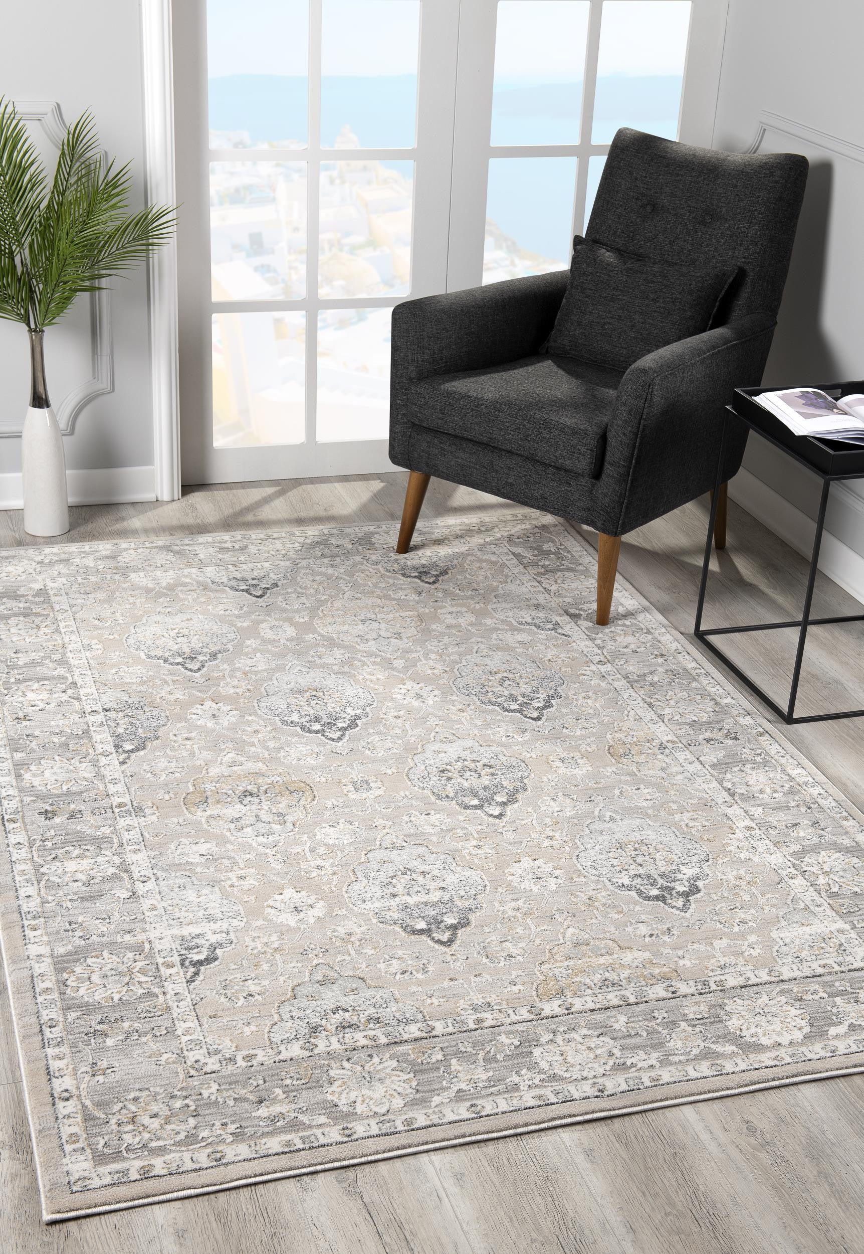8' X 11' Cream Grey Oriental Area Rug-Area Rugs-DECOROLALA