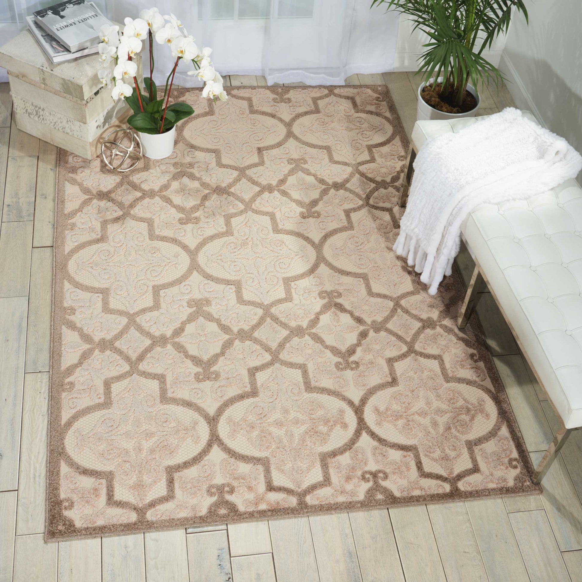 8' X 11' Cream Moroccan Indoor Outdoor Area Rug-Outdoor Rugs-DECOROLALA