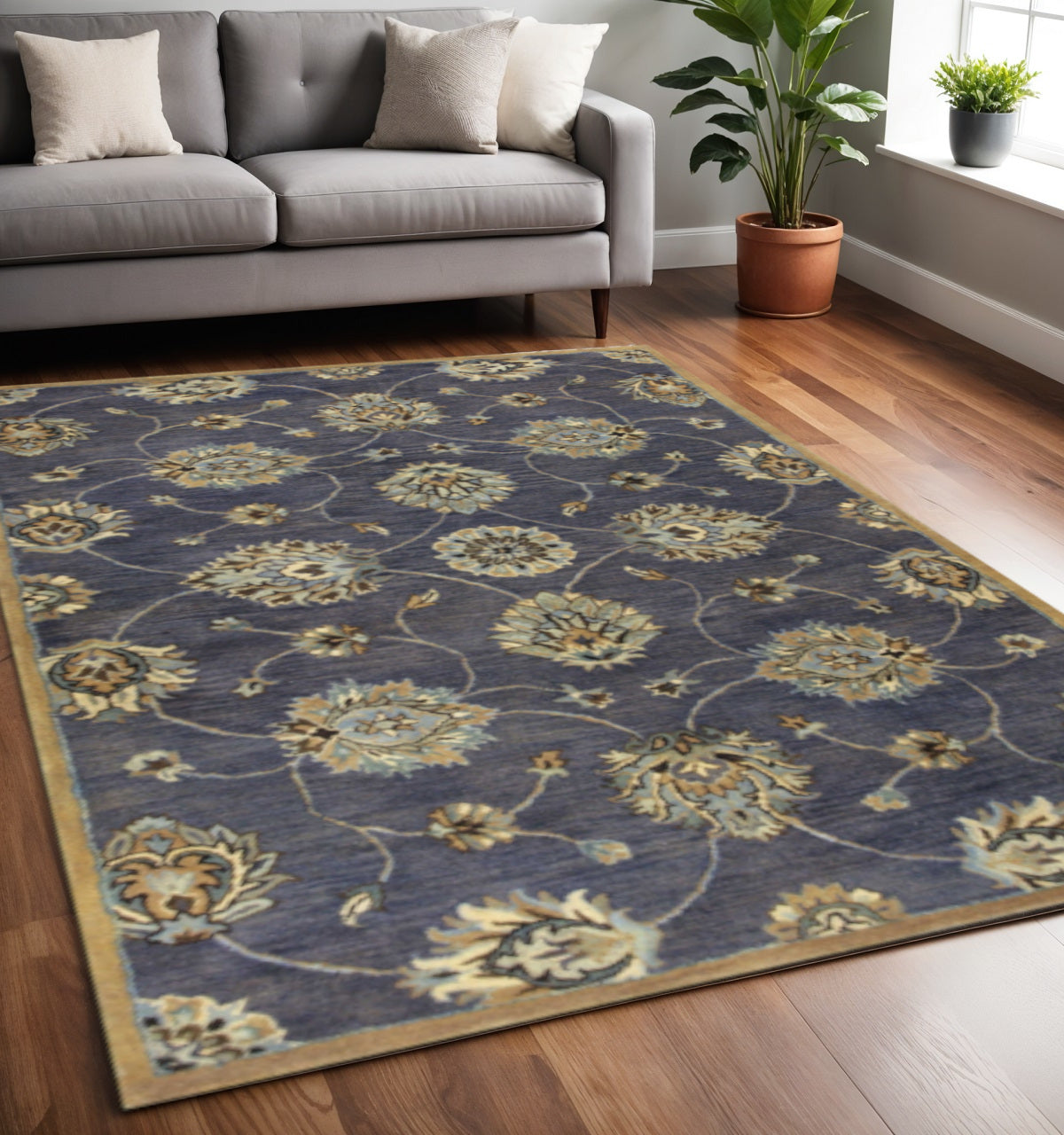 8' X 11' Dark Gray Green And Brown New Zealand Lambs Wool Floral Hand Tufted Area Rug-Area Rugs-DECOROLALA