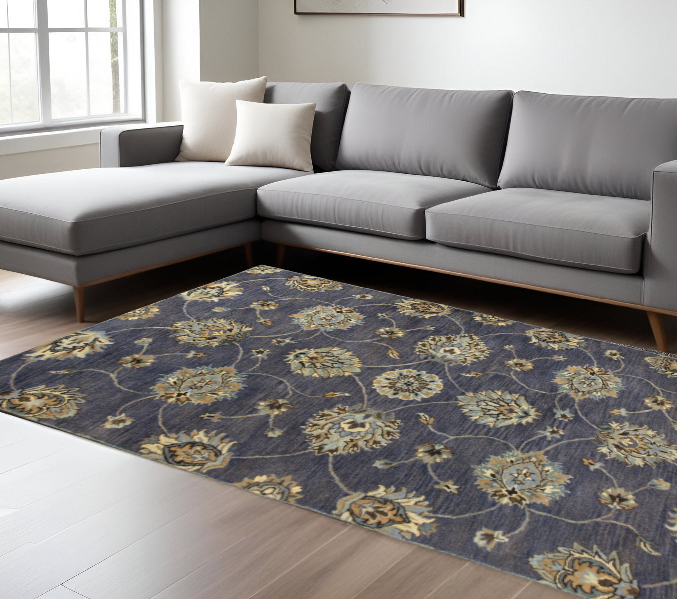 8' X 11' Dark Gray Green And Brown New Zealand Lambs Wool Floral Hand Tufted Area Rug-Area Rugs-DECOROLALA