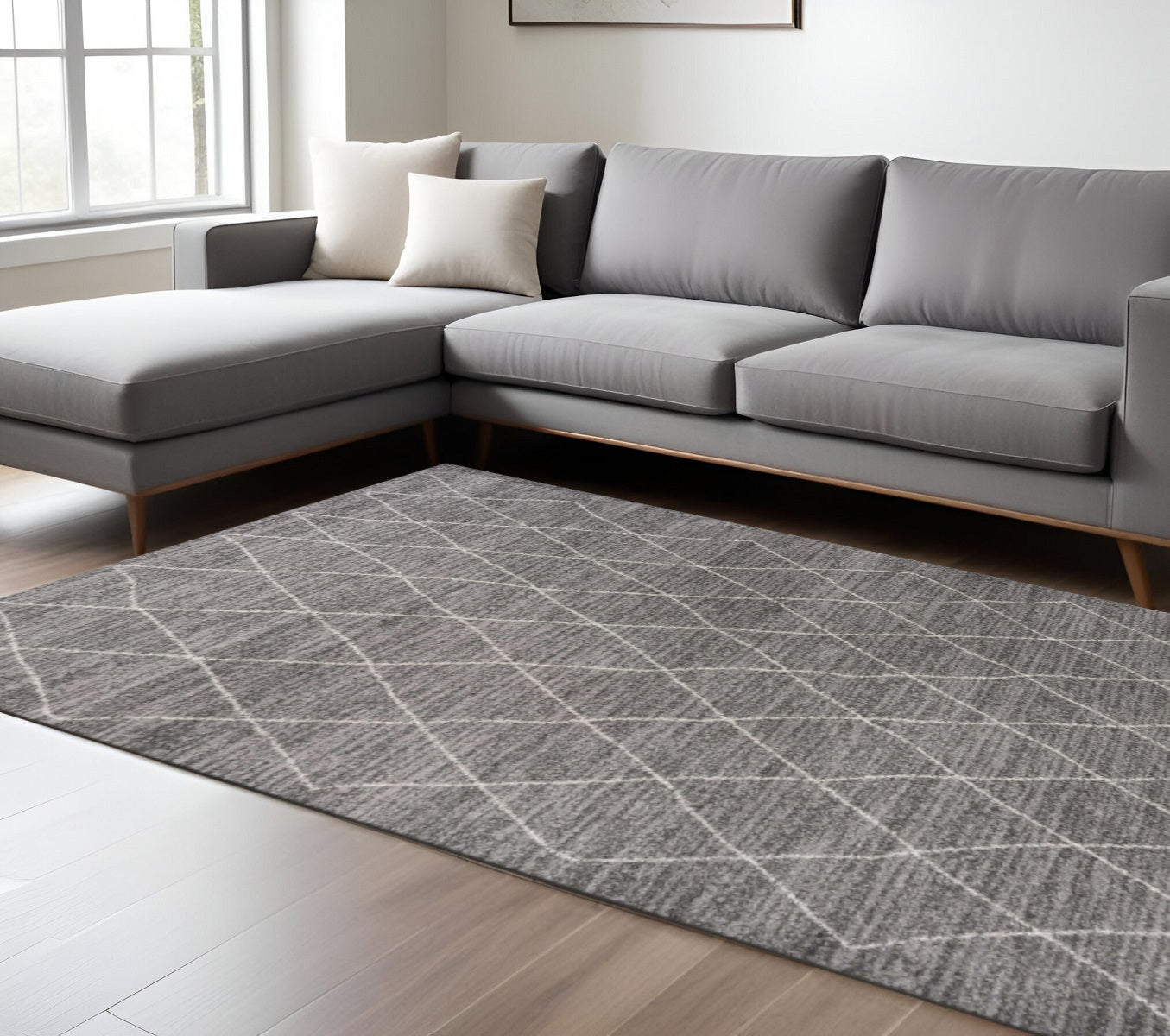 8' X 11' Gray And Ivory Geometric Area Rug-Area Rugs-DECOROLALA