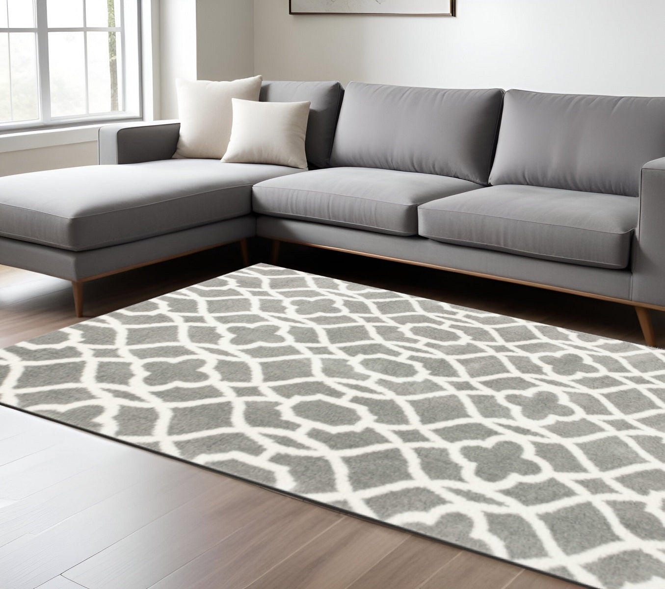 8' X 11' Gray And Ivory Ogee Area Rug-Area Rugs-DECOROLALA
