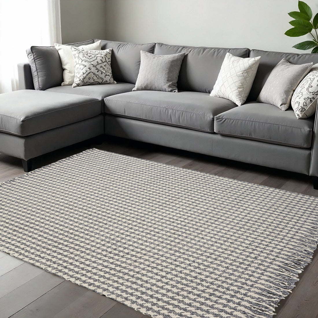 8' X 11' Gray And Ivory Wool Houndstooth Hand Woven Area Rug-Area Rugs-DECOROLALA