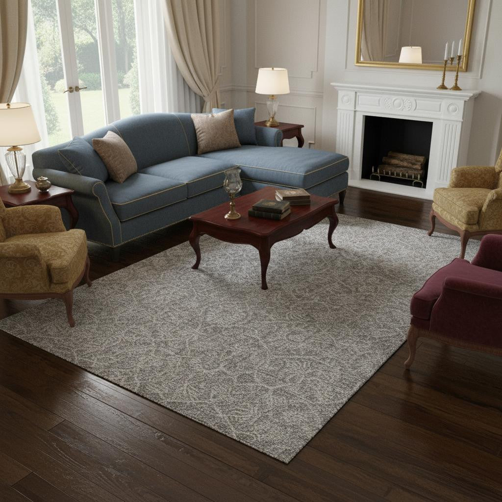 8' X 11' Gray And Light Gray Wool Floral Medallion Hand Tufted Area Rug-Area Rugs-DECOROLALA