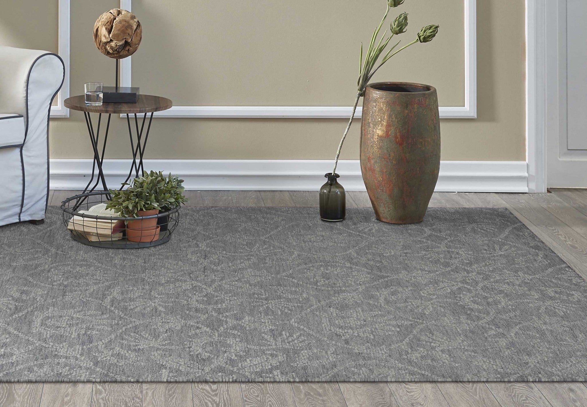 8' X 11' Gray And Light Gray Wool Floral Medallion Hand Tufted Area Rug-Area Rugs-DECOROLALA
