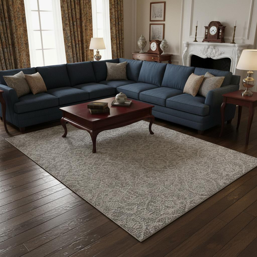 8' X 11' Gray And Light Gray Wool Floral Medallion Hand Tufted Area Rug-Area Rugs-DECOROLALA