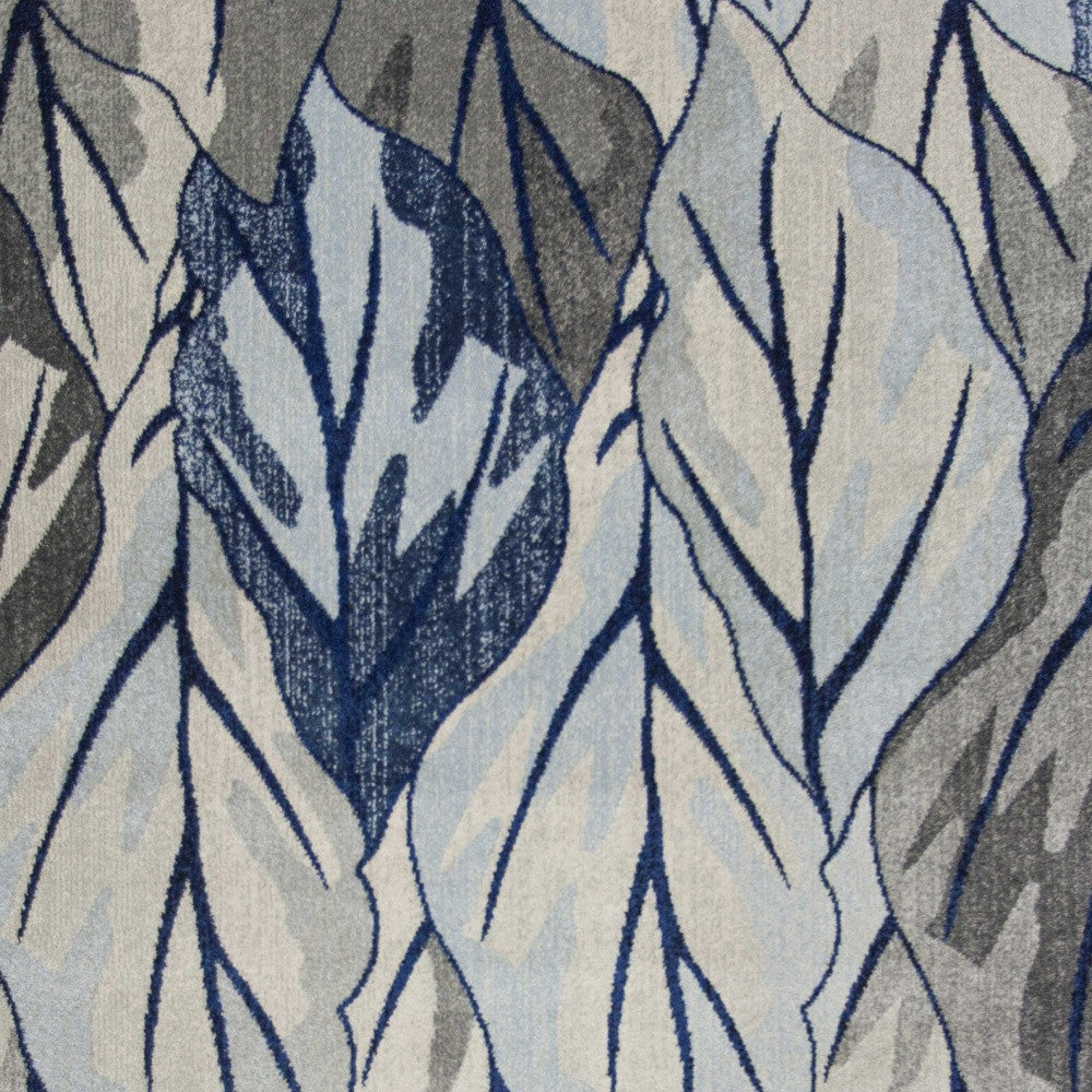 8' X 11' Gray And Navy Blue Botanical Leaves Area Rug-Area Rugs-DECOROLALA
