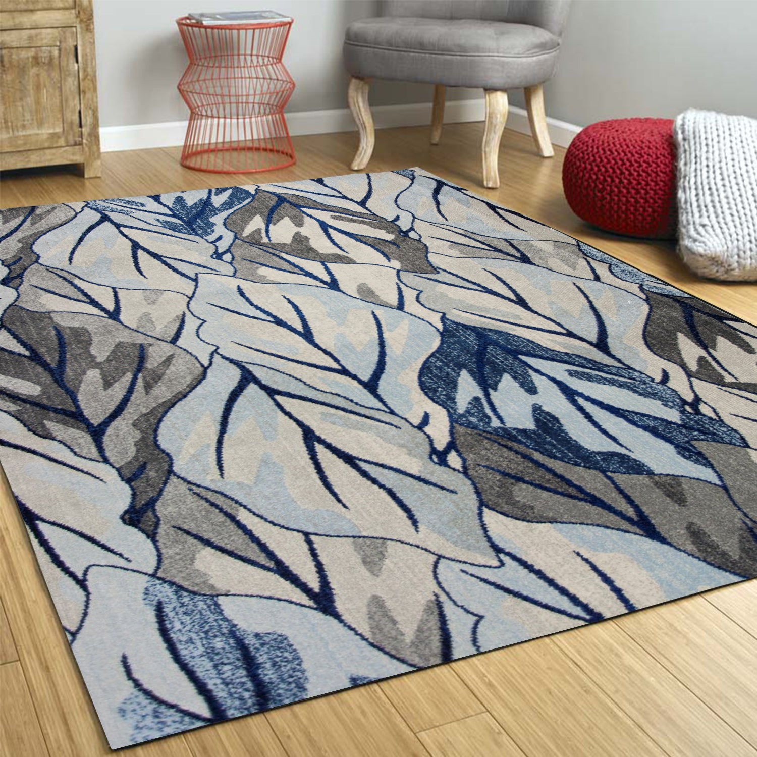 8' X 11' Gray And Navy Blue Botanical Leaves Area Rug-Area Rugs-DECOROLALA