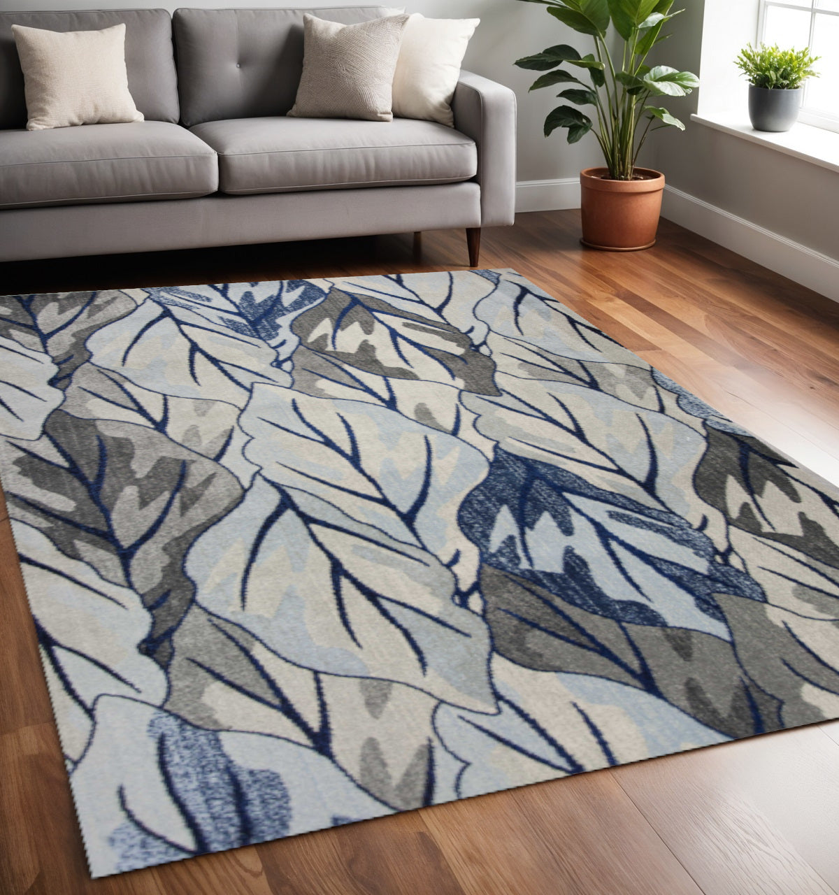 8' X 11' Gray And Navy Blue Botanical Leaves Area Rug-Area Rugs-DECOROLALA
