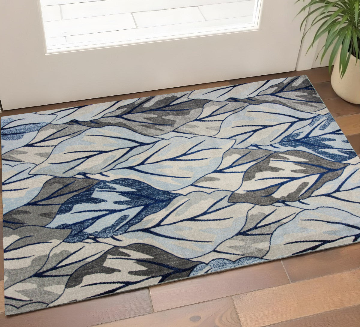 8' X 11' Gray And Navy Blue Botanical Leaves Area Rug-Area Rugs-DECOROLALA
