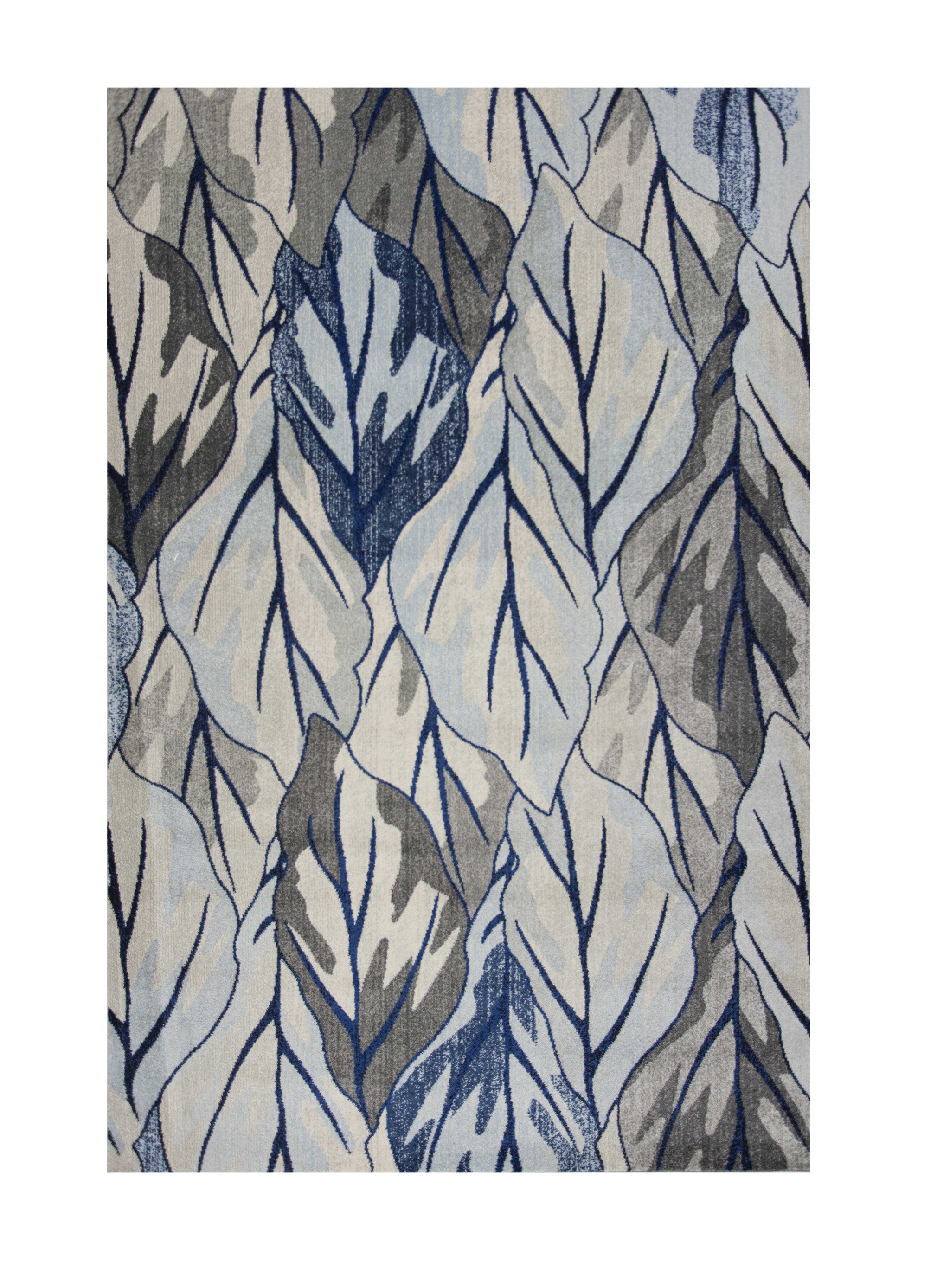 8' X 11' Gray And Navy Blue Botanical Leaves Area Rug-Area Rugs-DECOROLALA