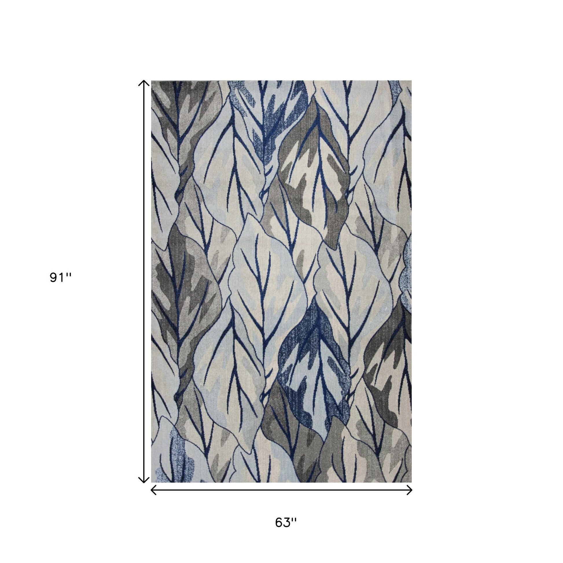 8' X 11' Gray And Navy Blue Botanical Leaves Area Rug-Area Rugs-DECOROLALA