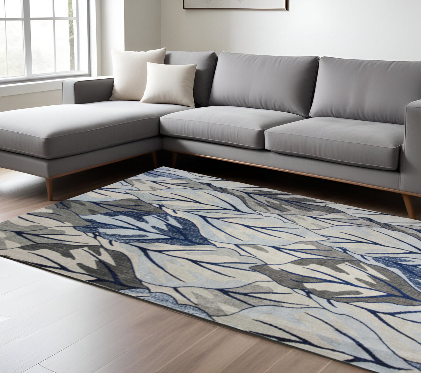 8' X 11' Gray And Navy Blue Botanical Leaves Area Rug-Area Rugs-DECOROLALA