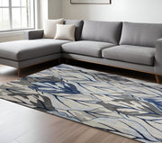 8' X 11' Gray And Navy Blue Botanical Leaves Area Rug-Area Rugs-DECOROLALA