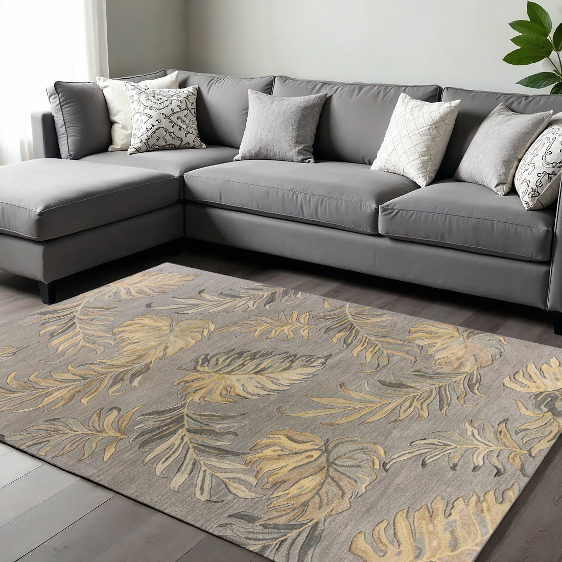 8' X 11' Gray And Taupe Wool Botanical Leaves Hand Tufted Area Rug-Area Rugs-DECOROLALA