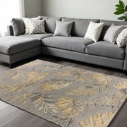 8' X 11' Gray And Taupe Wool Botanical Leaves Hand Tufted Area Rug-Area Rugs-DECOROLALA