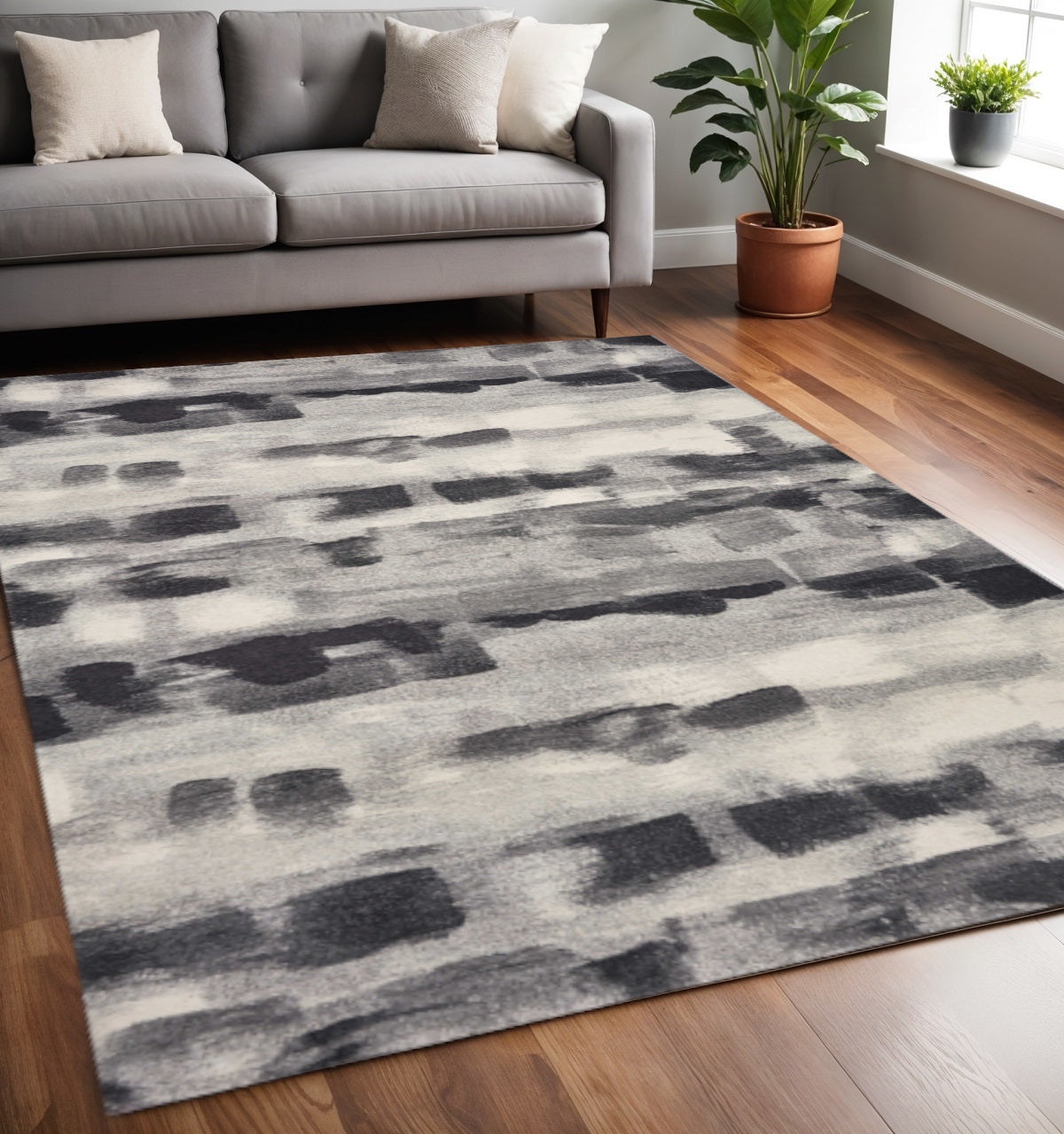 8' X 11' Gray Black And Ivory Abstract Area Rug-Area Rugs-DECOROLALA