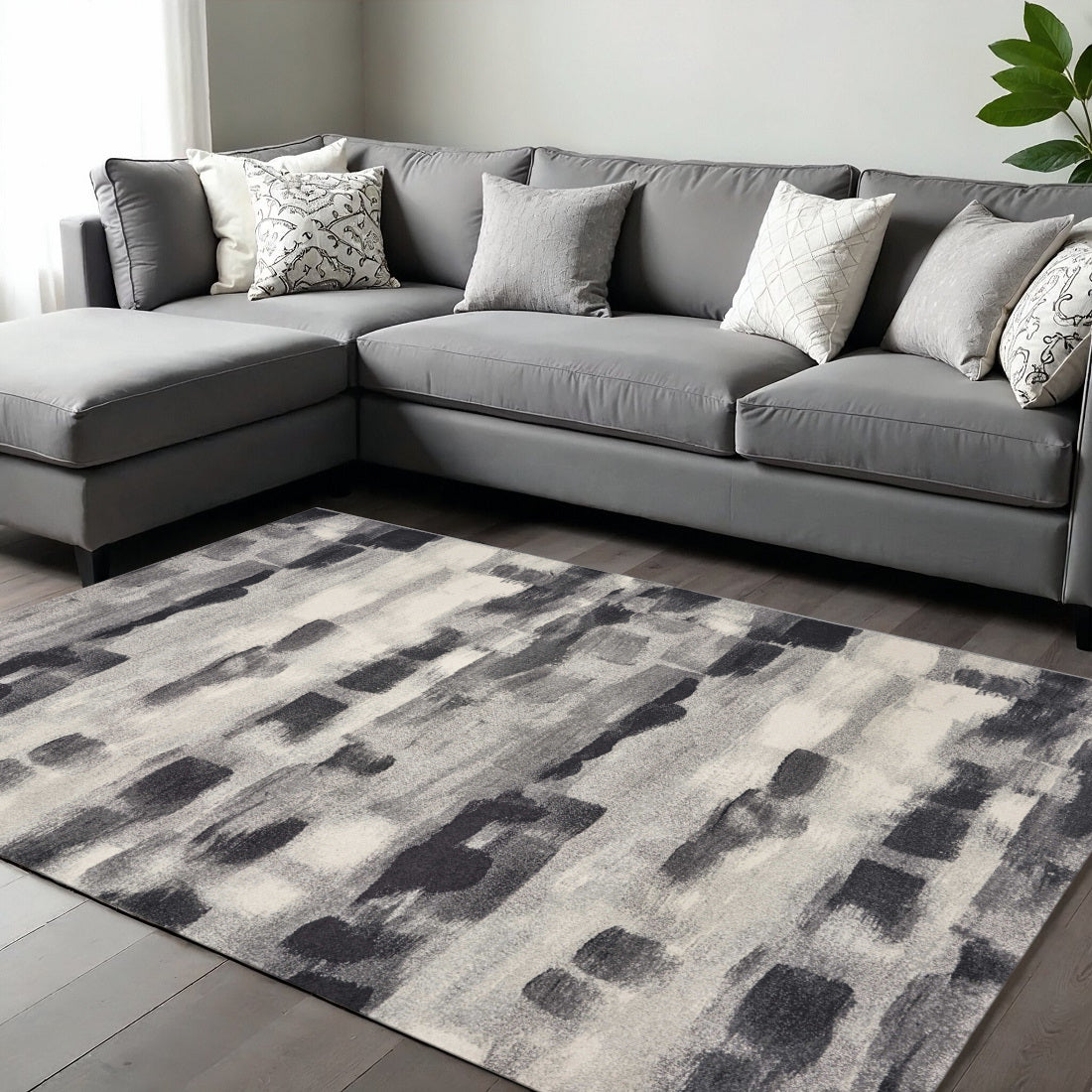 8' X 11' Gray Black And Ivory Abstract Area Rug-Area Rugs-DECOROLALA