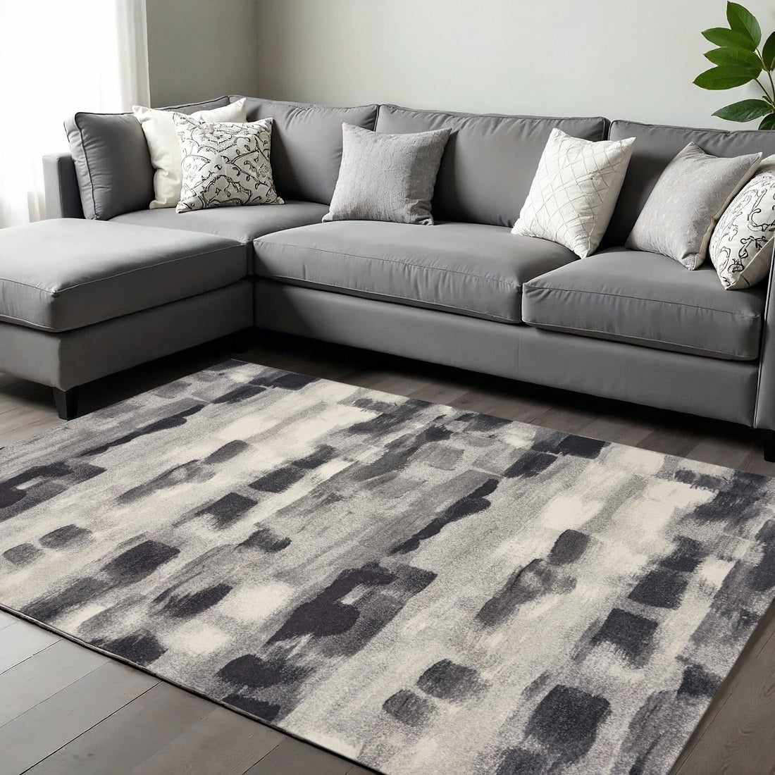 8' X 11' Gray Black And Ivory Abstract Area Rug-Area Rugs-DECOROLALA