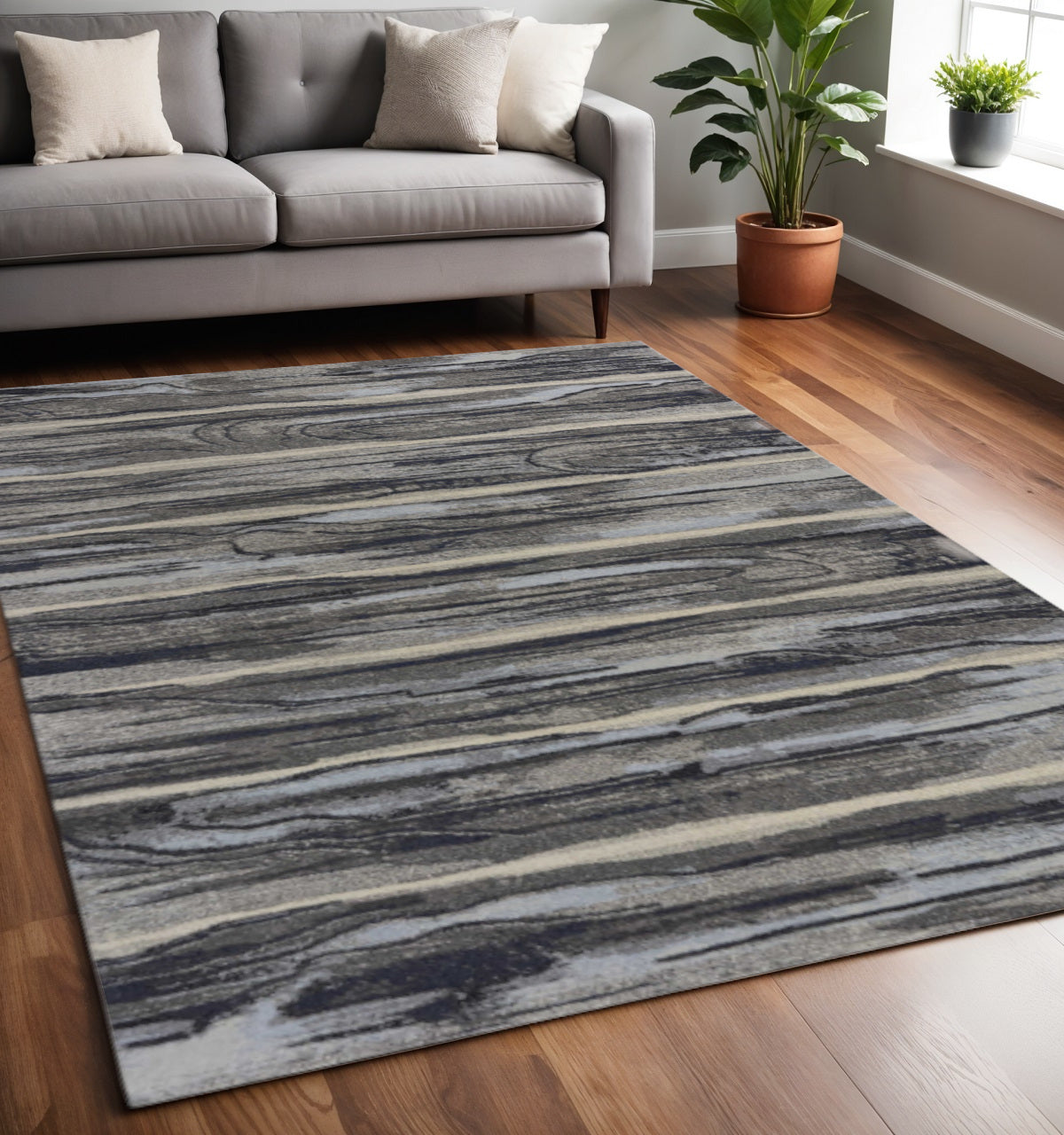 8' X 11' Gray Blue And Black Abstract Area Rug-Area Rugs-DECOROLALA