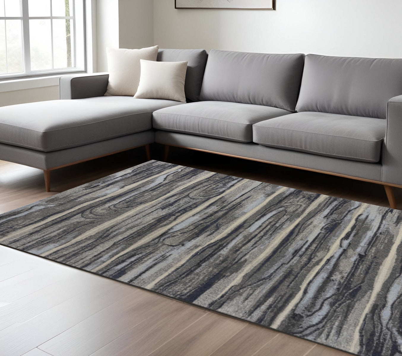 8' X 11' Gray Blue And Black Abstract Area Rug-Area Rugs-DECOROLALA