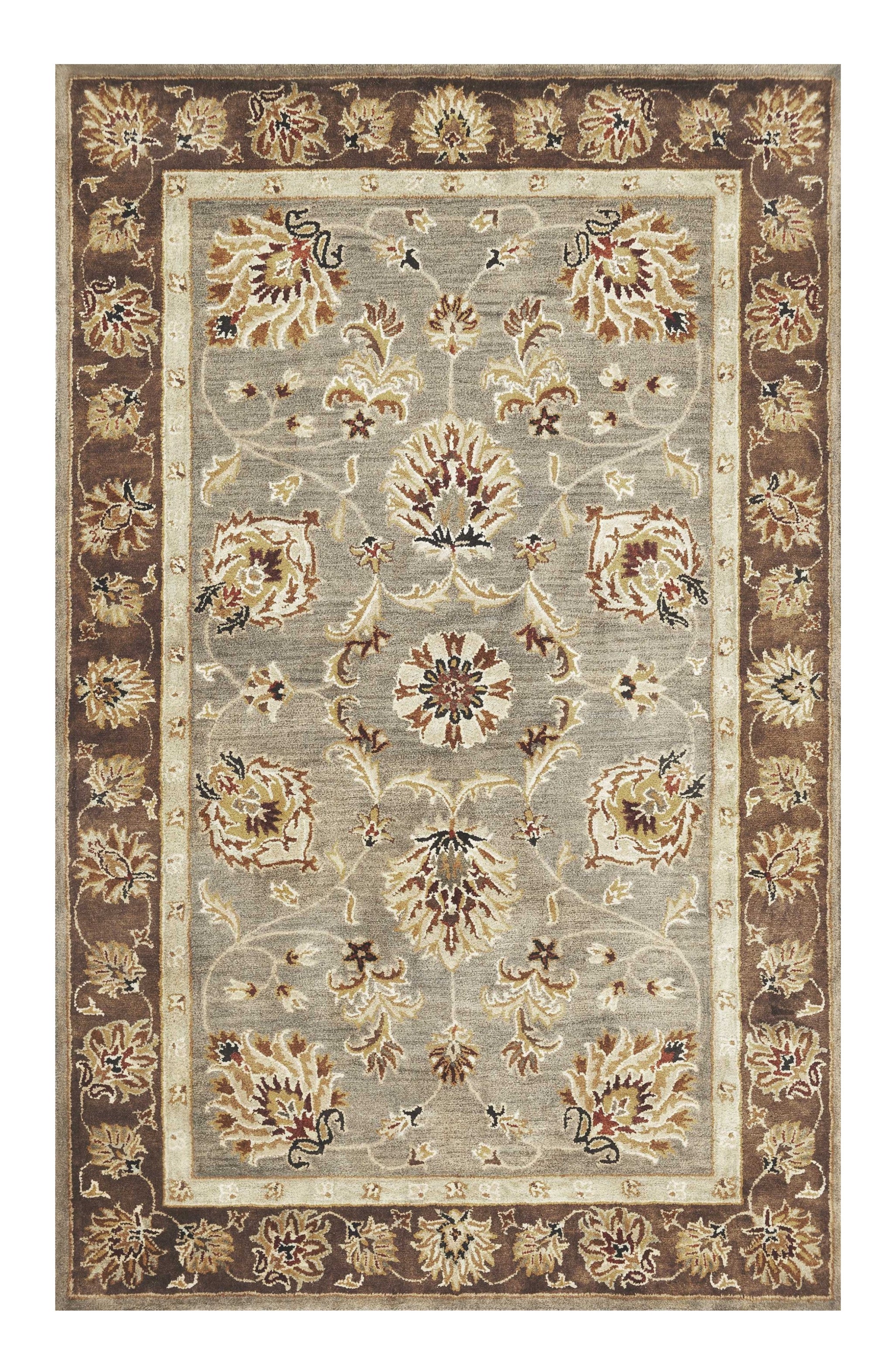8' X 11' Gray Brown And Ivory New Zealand Lambs Wool Floral Medallion Hand Tufted Area Rug-Area Rugs-DECOROLALA