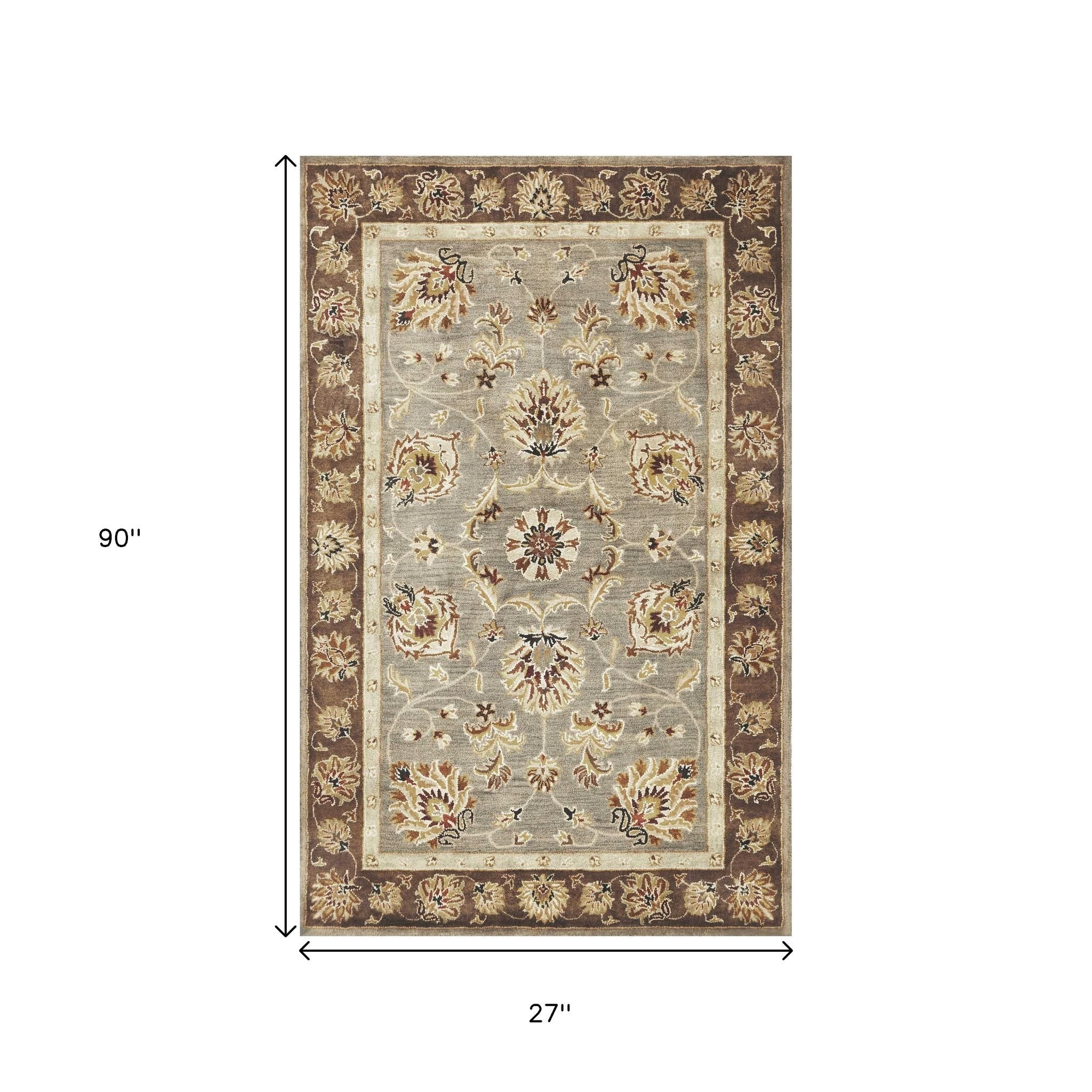 8' X 11' Gray Brown And Ivory New Zealand Lambs Wool Floral Medallion Hand Tufted Area Rug-Area Rugs-DECOROLALA