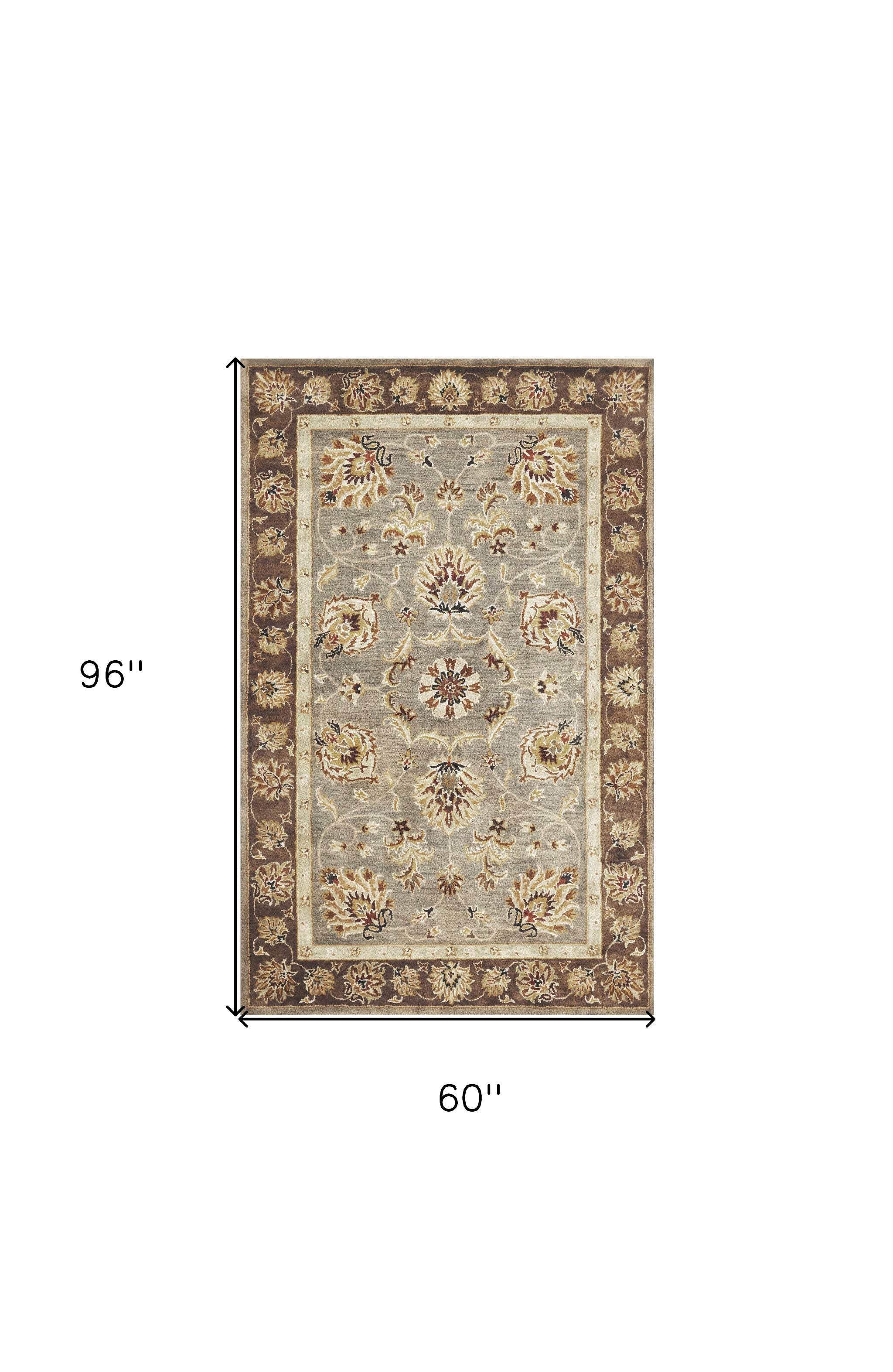 8' X 11' Gray Brown And Ivory New Zealand Lambs Wool Floral Medallion Hand Tufted Area Rug-Area Rugs-DECOROLALA