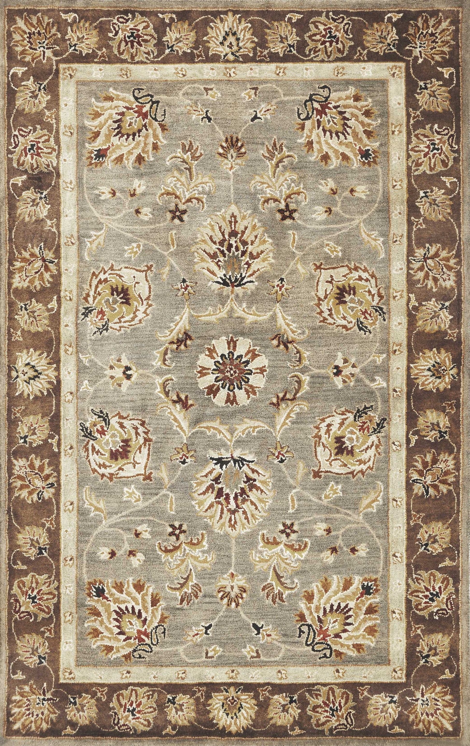 8' X 11' Gray Brown And Ivory New Zealand Lambs Wool Floral Medallion Hand Tufted Area Rug-Area Rugs-DECOROLALA