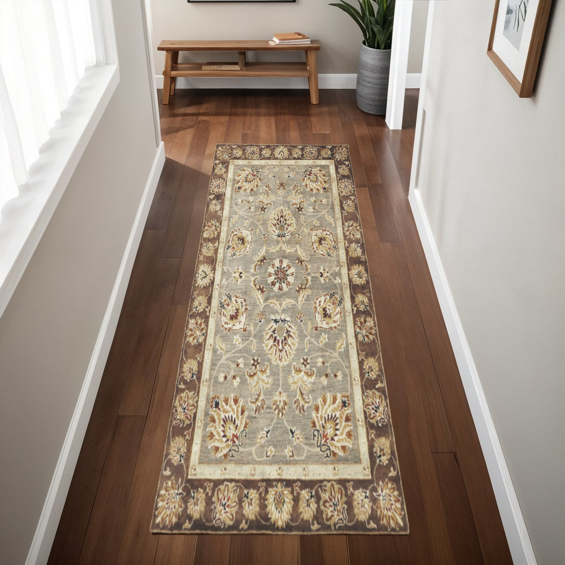 8' X 11' Gray Brown And Ivory New Zealand Lambs Wool Floral Medallion Hand Tufted Area Rug-Area Rugs-DECOROLALA