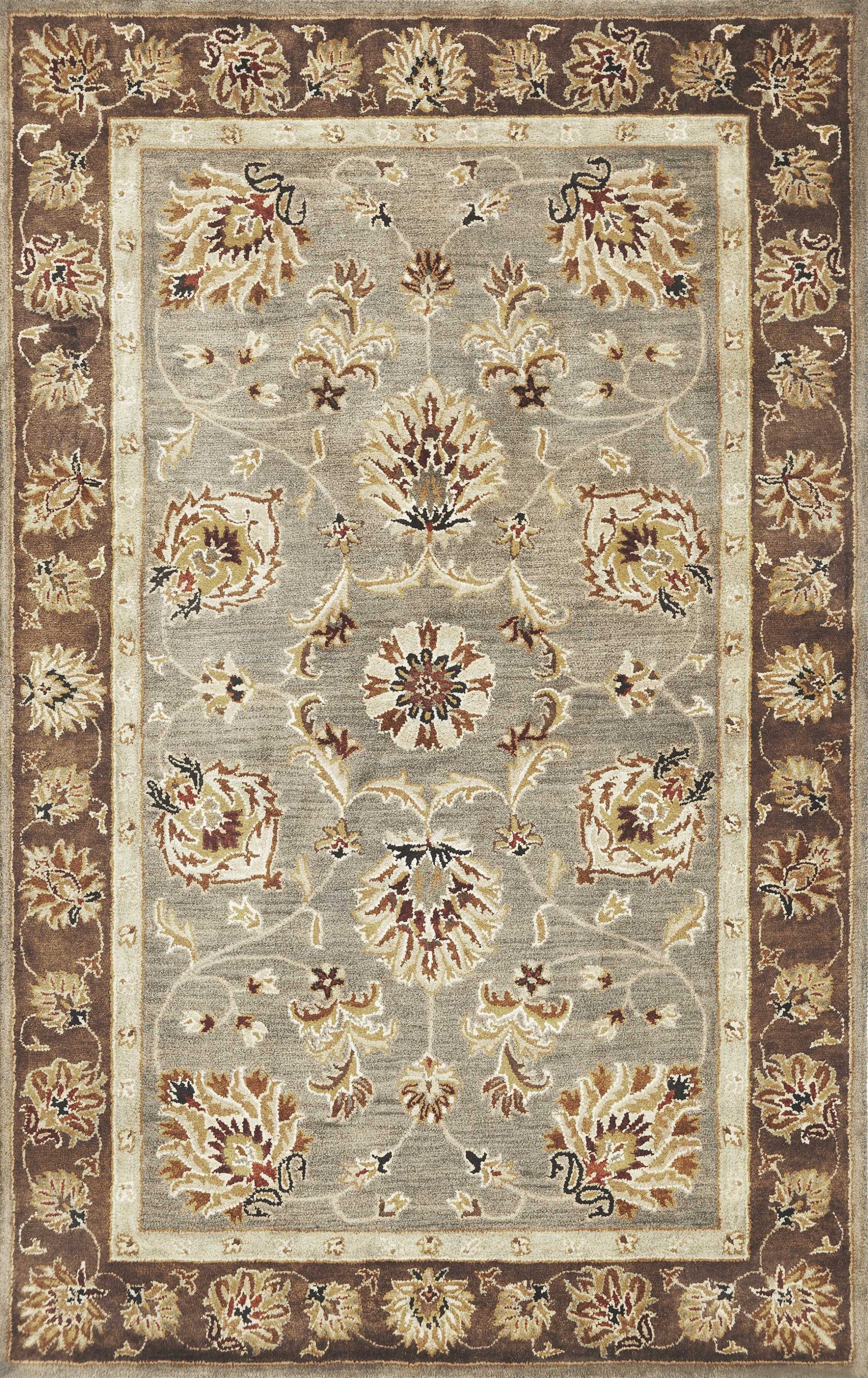 8' X 11' Gray Brown And Ivory New Zealand Lambs Wool Floral Medallion Hand Tufted Area Rug-Area Rugs-DECOROLALA