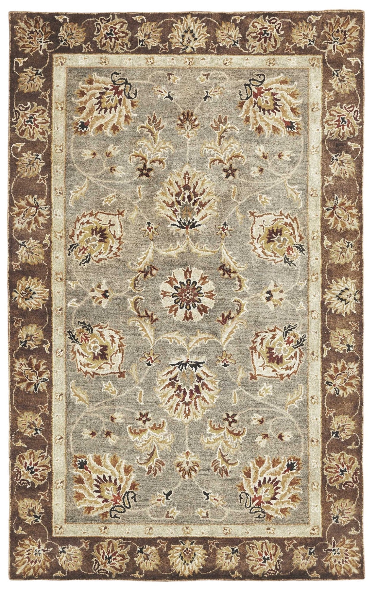 8' X 11' Gray Brown And Ivory New Zealand Lambs Wool Floral Medallion Hand Tufted Area Rug-Area Rugs-DECOROLALA