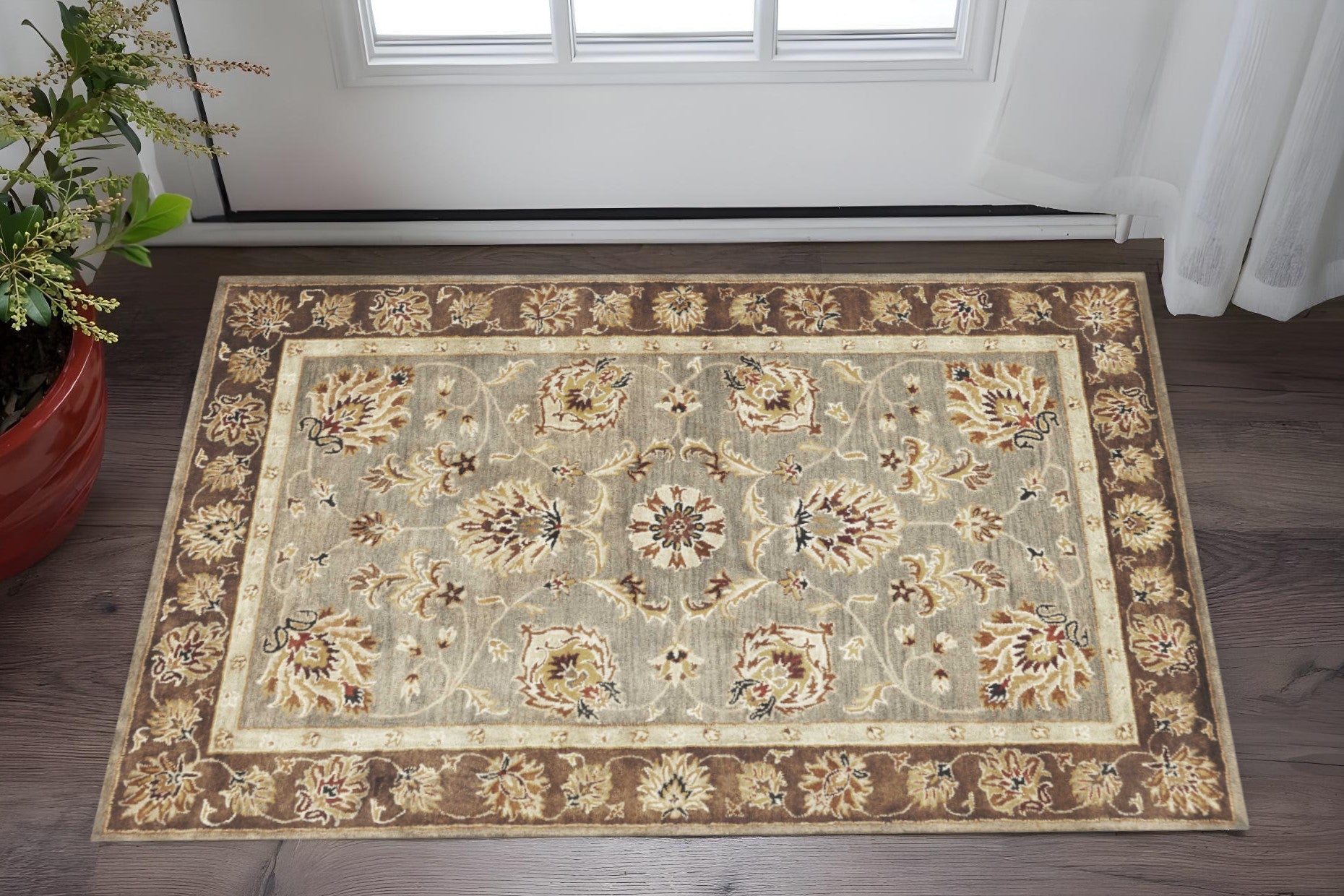 8' X 11' Gray Brown And Ivory New Zealand Lambs Wool Floral Medallion Hand Tufted Area Rug-Area Rugs-DECOROLALA