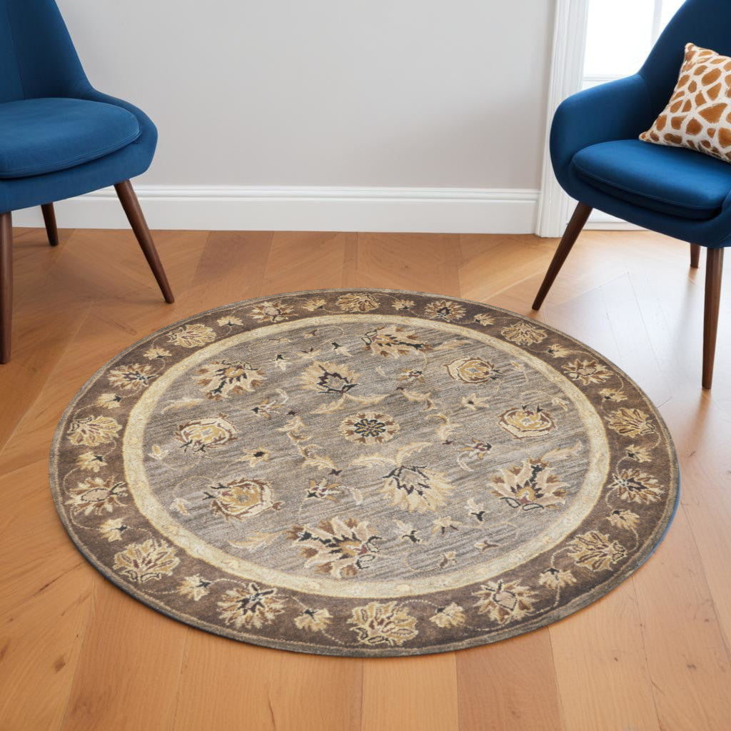 8' X 11' Gray Brown And Ivory New Zealand Lambs Wool Floral Medallion Hand Tufted Area Rug-Area Rugs-DECOROLALA