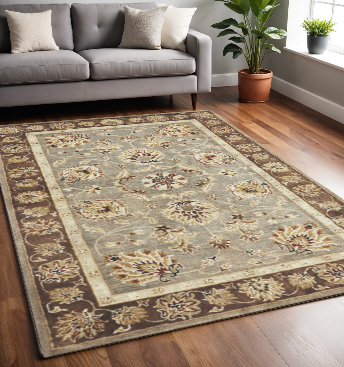 8' X 11' Gray Brown And Ivory New Zealand Lambs Wool Floral Medallion Hand Tufted Area Rug-Area Rugs-DECOROLALA