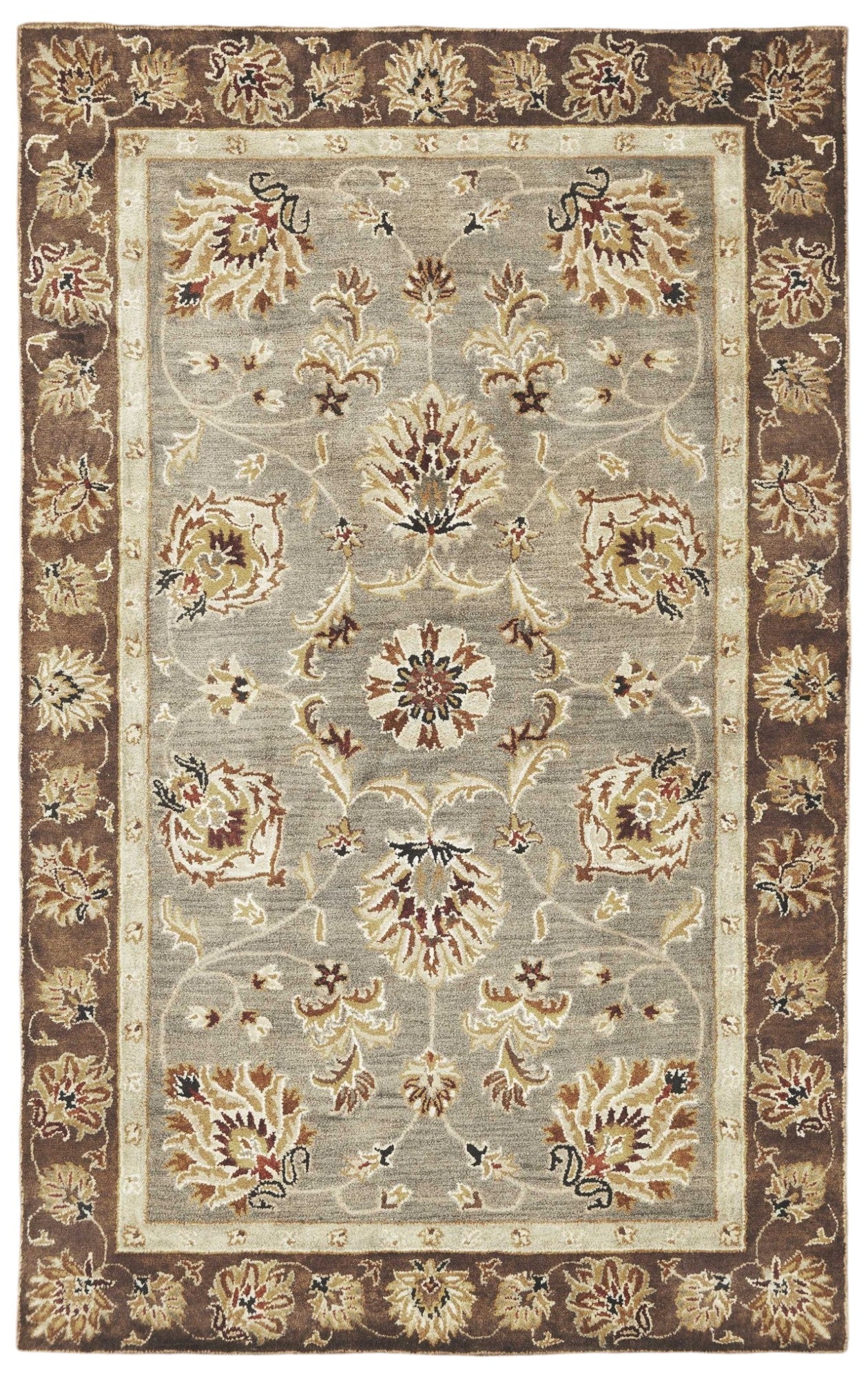 8' X 11' Gray Brown And Ivory New Zealand Lambs Wool Floral Medallion Hand Tufted Area Rug-Area Rugs-DECOROLALA