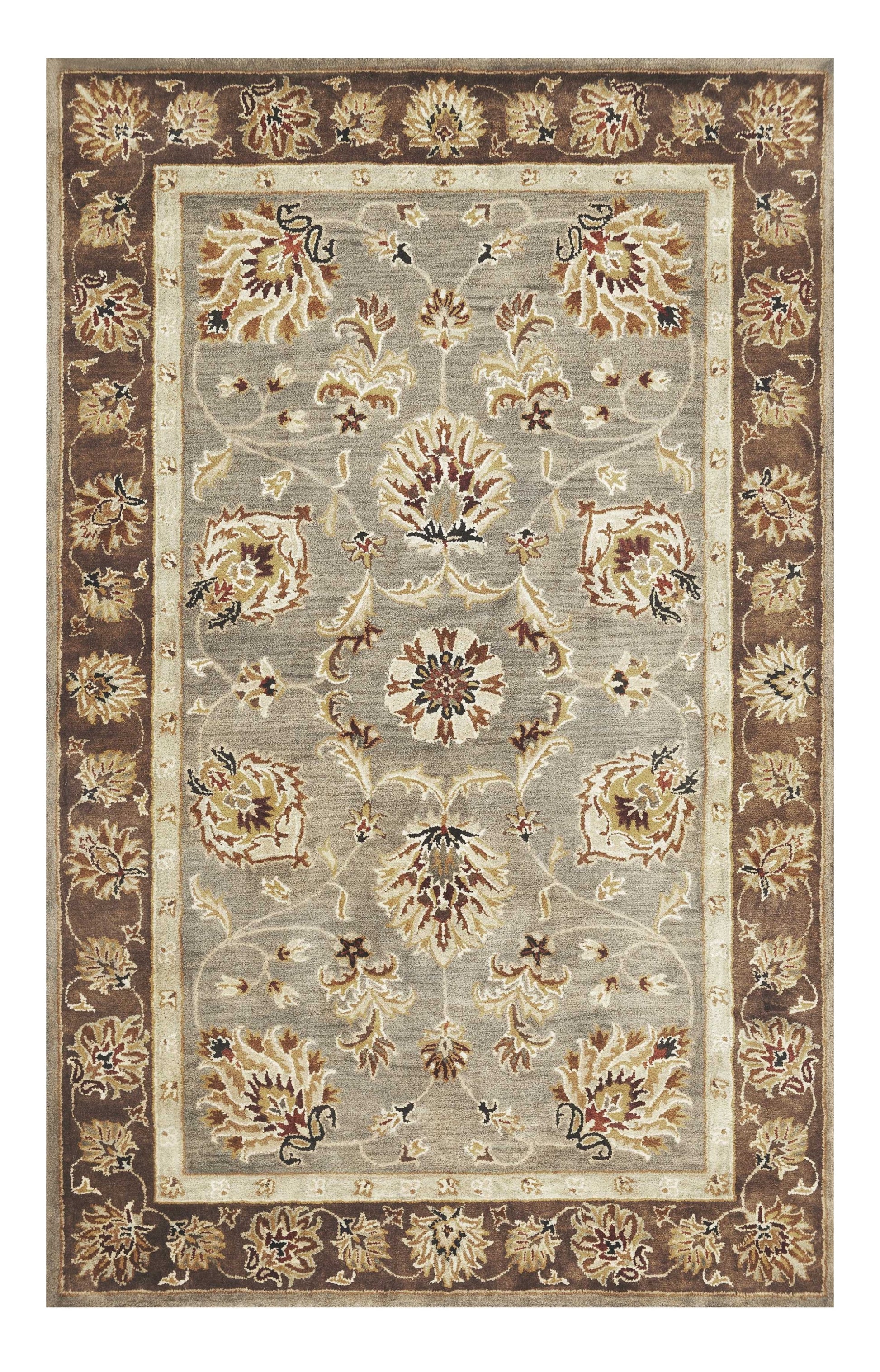 8' X 11' Gray Brown And Ivory New Zealand Lambs Wool Floral Medallion Hand Tufted Area Rug-Area Rugs-DECOROLALA