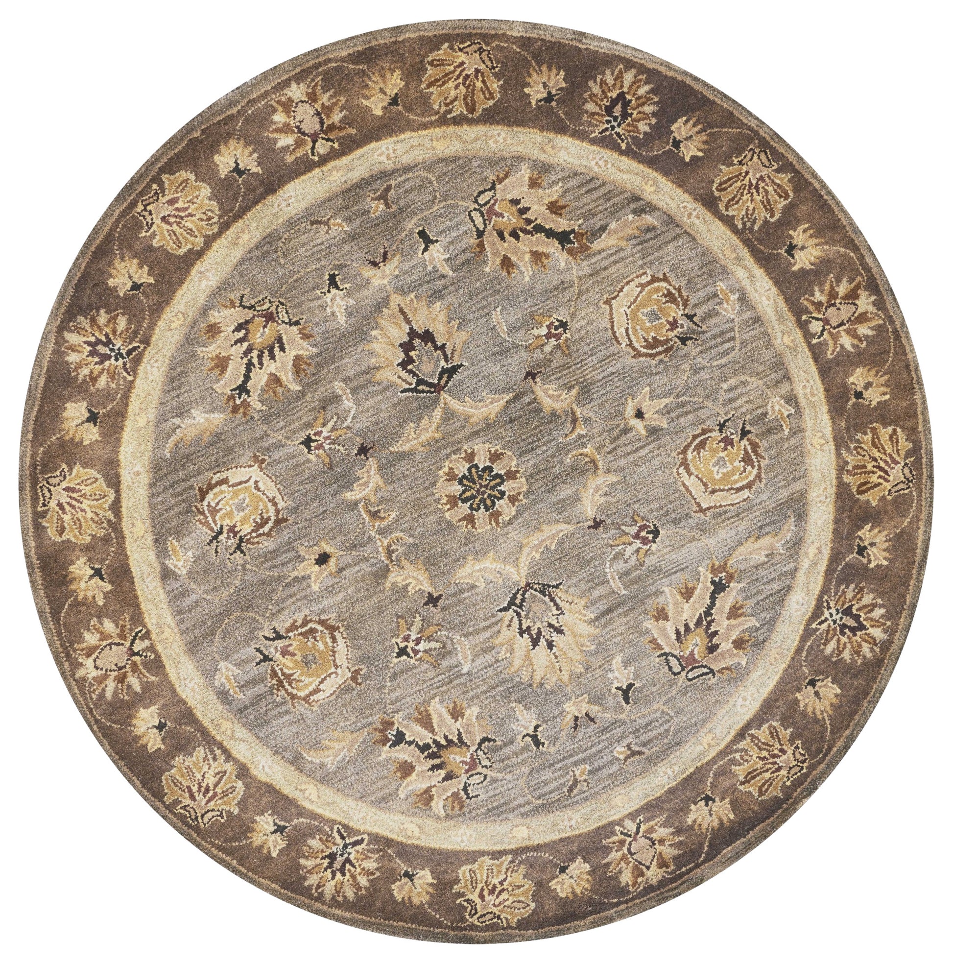 8' X 11' Gray Brown And Ivory New Zealand Lambs Wool Floral Medallion Hand Tufted Area Rug-Area Rugs-DECOROLALA
